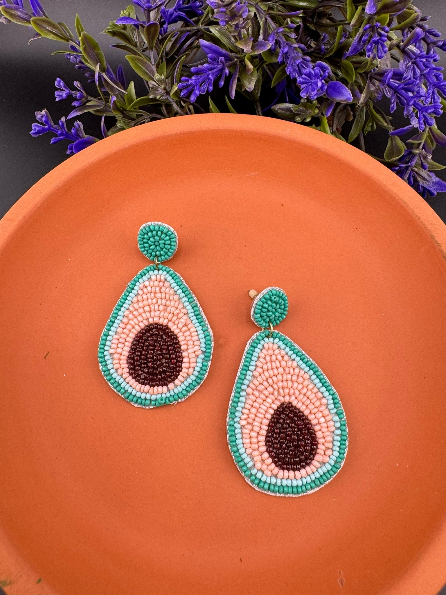 Pastel Pink Blue Avocado Beaded earrings, Quirky Earrings