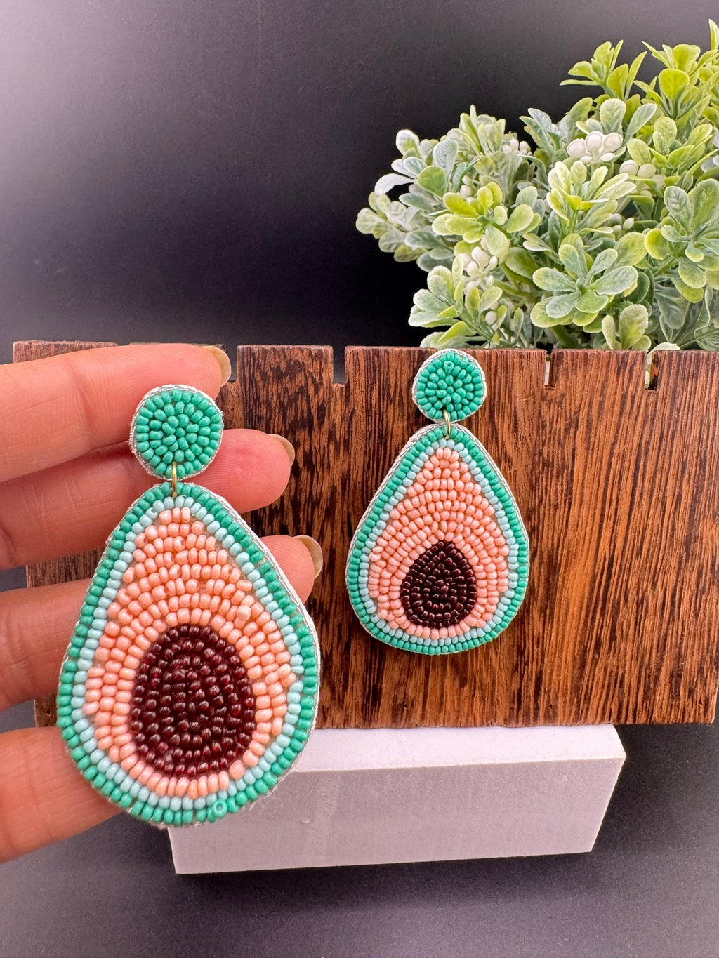 Pastel Pink Blue Avocado Beaded earrings, Quirky Earrings