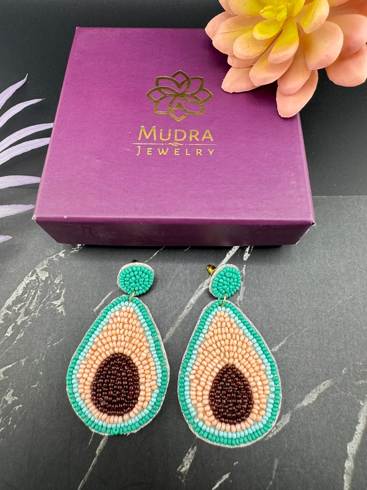 Pastel Pink Blue Avocado Beaded earrings, Quirky Earrings