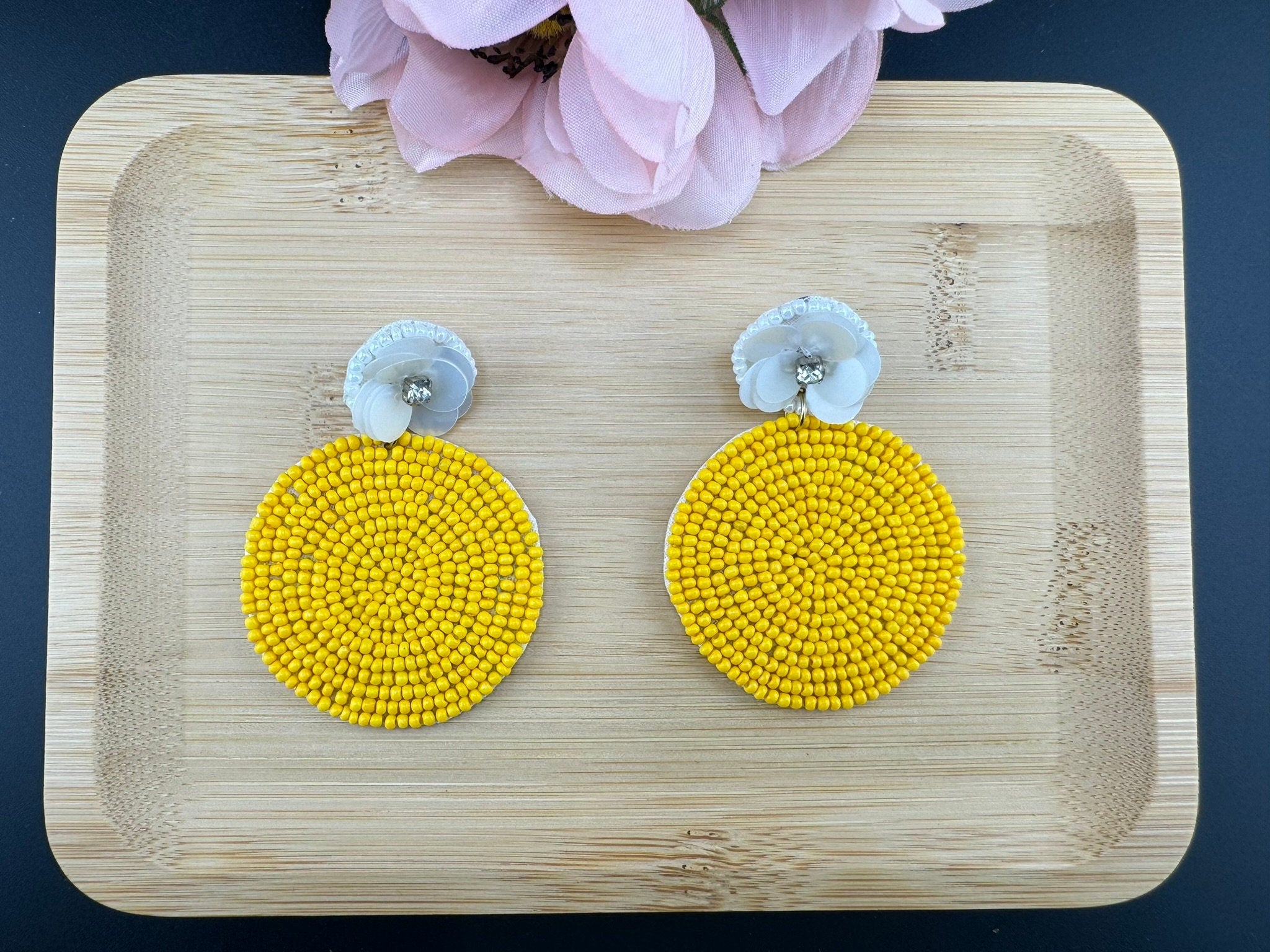 Beaded Yellow and white circle Quirky earring/Handmade earring/Statement Earring/Boho/Beaded earring/Ethnic Earring/Light weight/bridesmaid