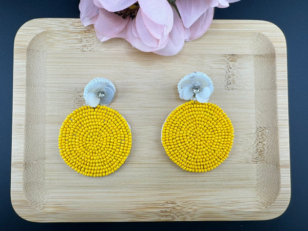 Yellow and white circle Quirky Beaded earrings