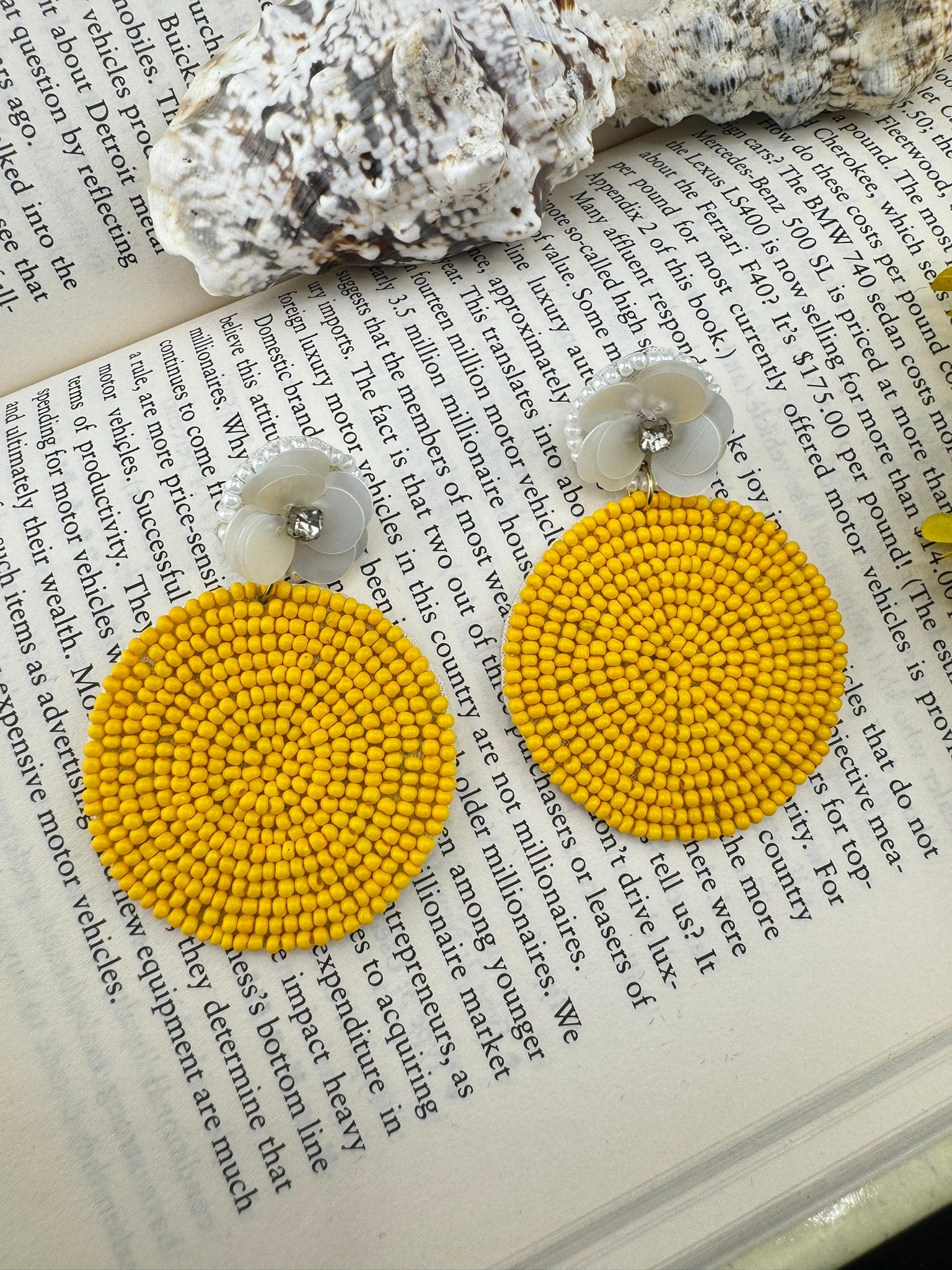 Yellow and white circle Quirky Beaded earrings
