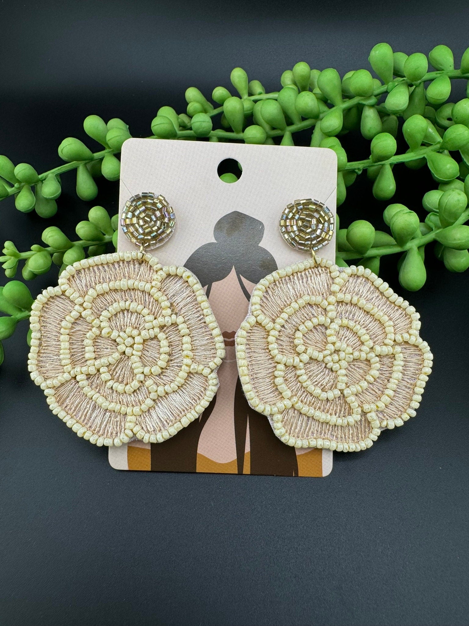 Gold and Beige Rose Beaded earrings, Quirky Earrings