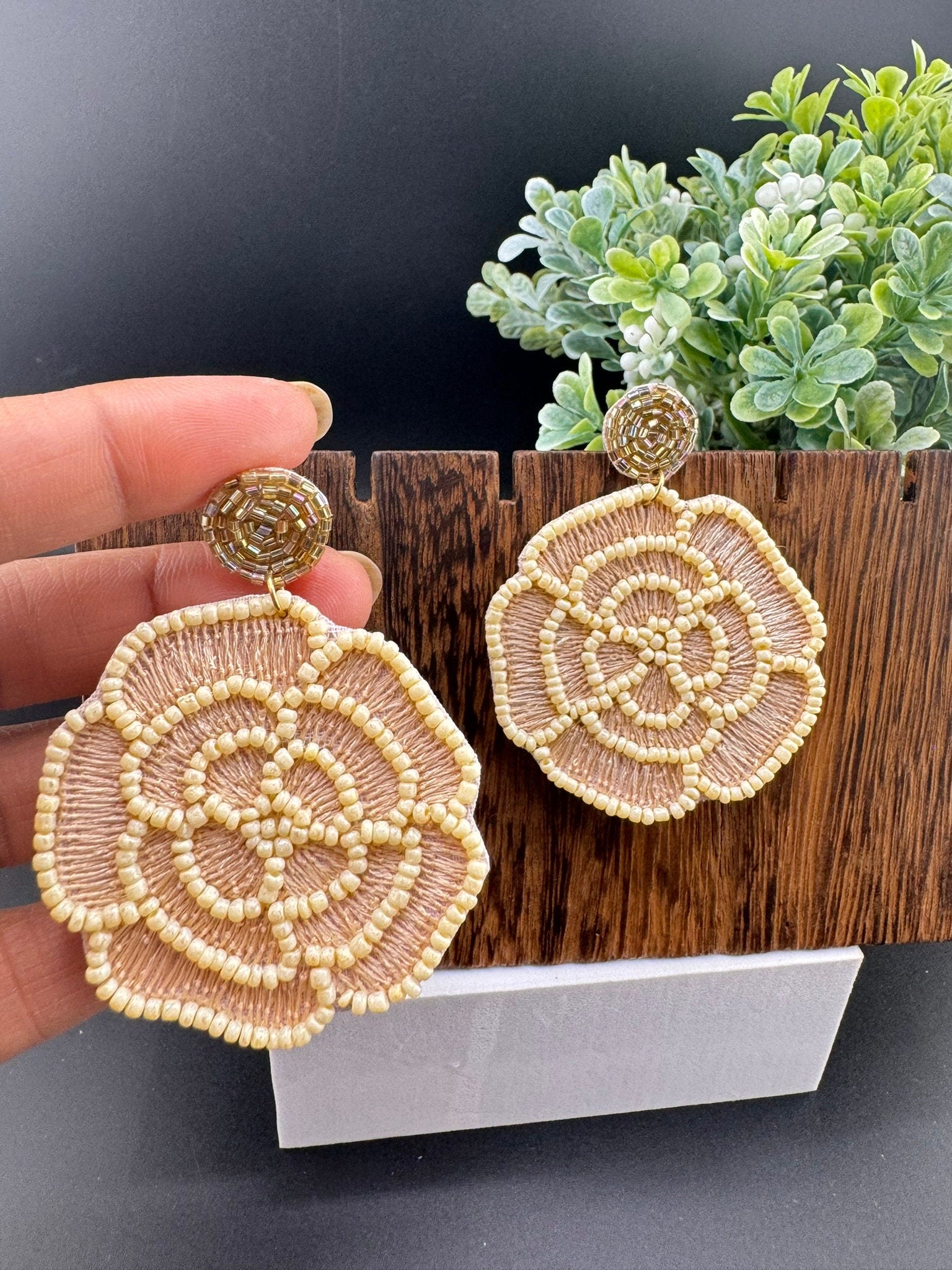Gold and Beige Rose Beaded earrings, Quirky Earrings