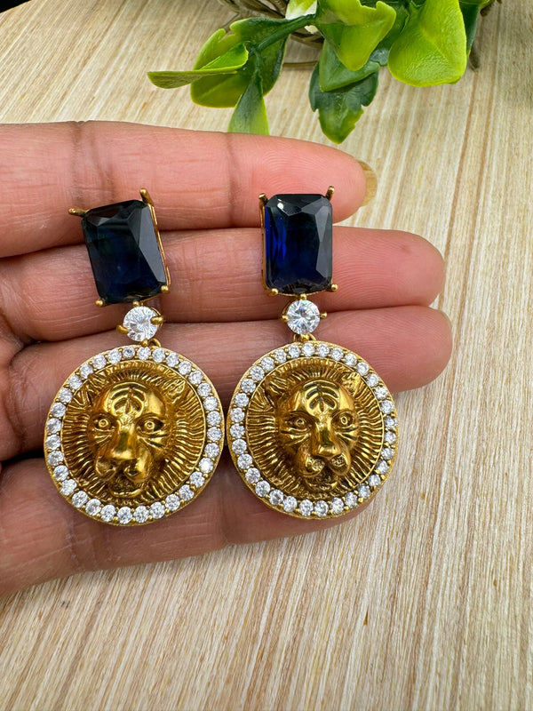 Premium Sabyasachi inspired designer Small earring with CZ, and stone/Dangler earring/Gold earring/Indian Earring/Bridal Earring/Lion design