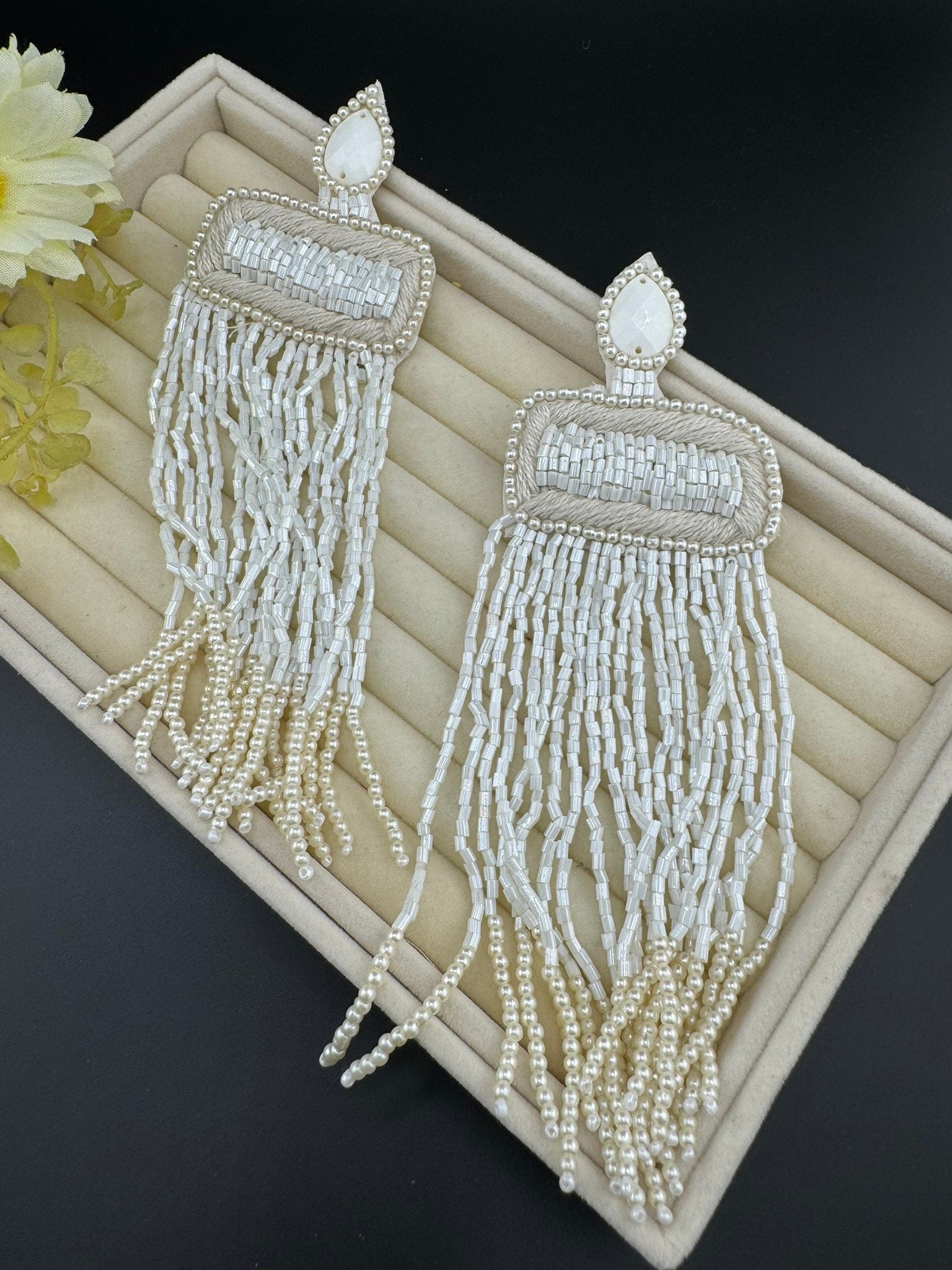 Beaded Long Oversized White Gold Beaded Tassel earring/Handmade earrings
