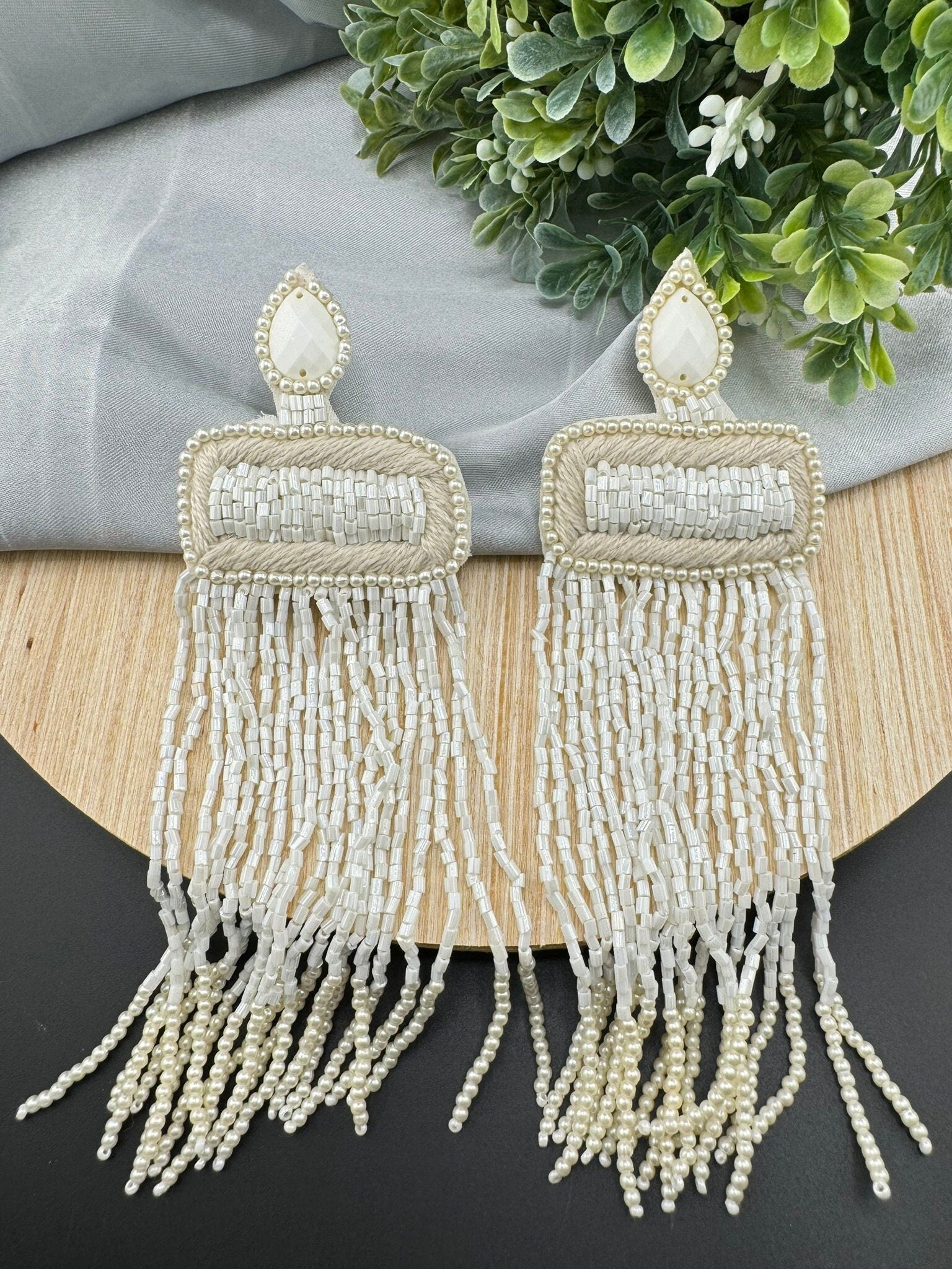 Beaded Long Oversized White Gold Beaded Tassel earring/Handmade earrings