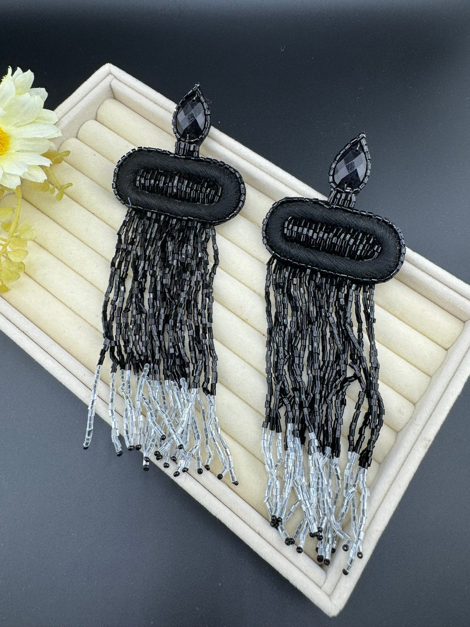 Beaded Long Oversized Black Silver Beaded Tassel earring/Handmade earrings