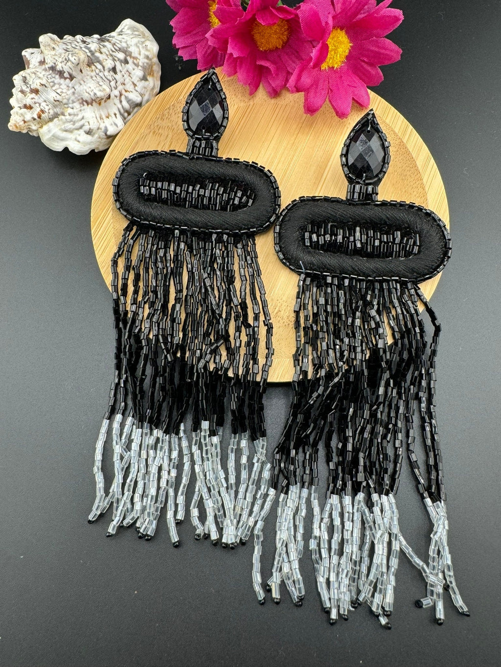 Beaded Long Oversized Black Silver Beaded Tassel earring/Handmade earrings