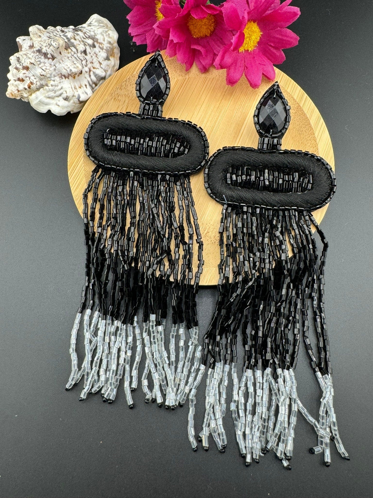 Beaded Long Oversized Black Silver Beaded Tassel earring/Handmade earrings