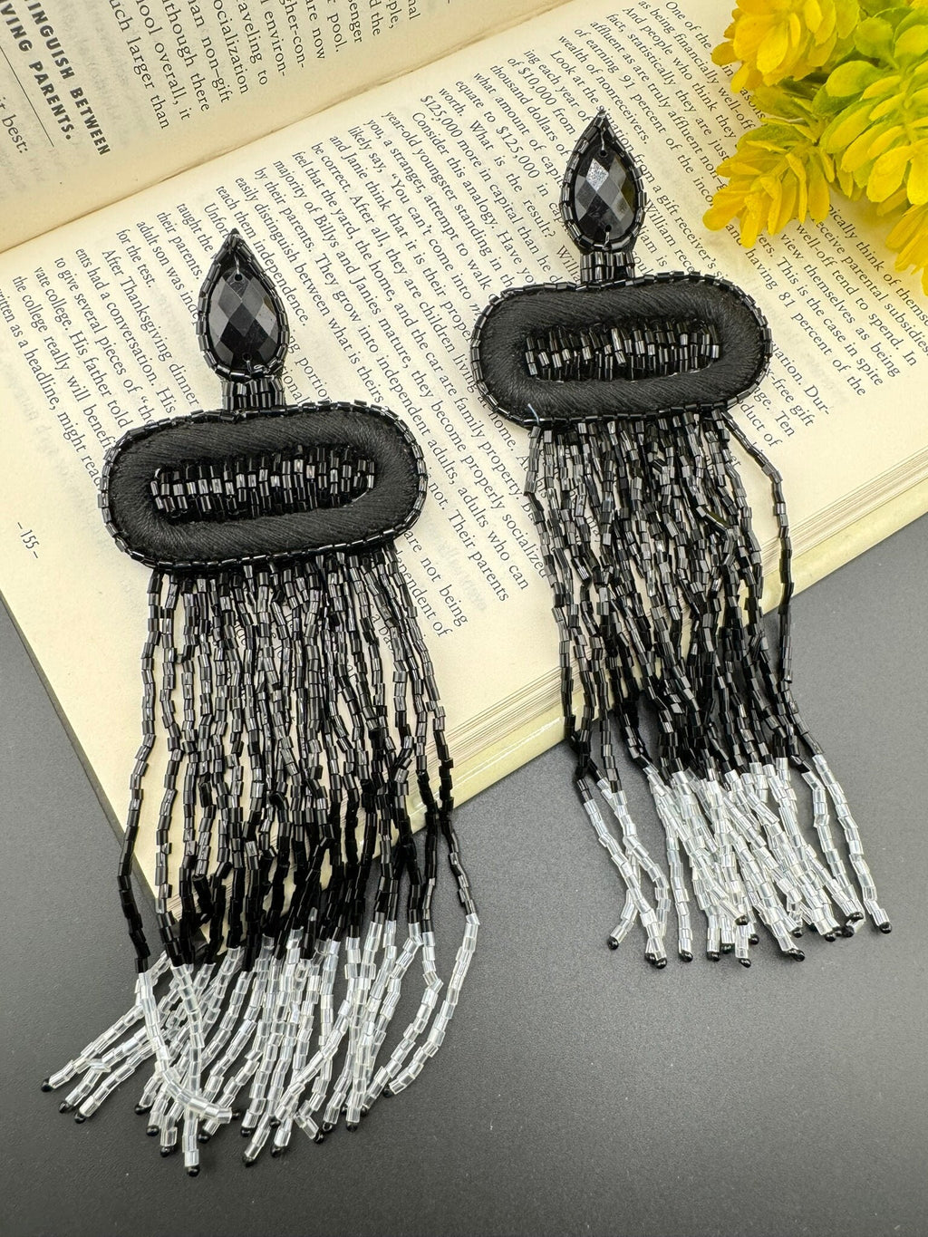 Beaded Long Oversized Black Silver Beaded Tassel earring/Handmade earrings