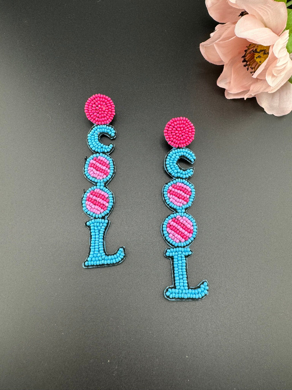 Beaded Pink and Blue COOL quirky long earrings /Handmade long earrings