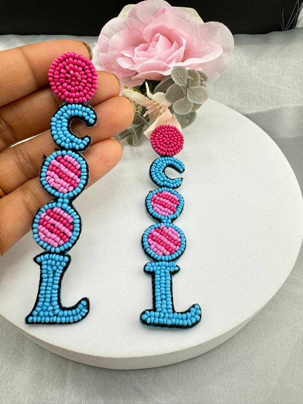 Beaded Pink and Blue COOL quirky long earrings /Handmade long earrings