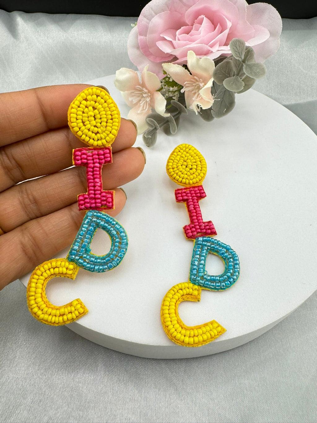 Beaded Pink Yellow and Blue I DONT CARE quirky beaded earring/Handmade earrings