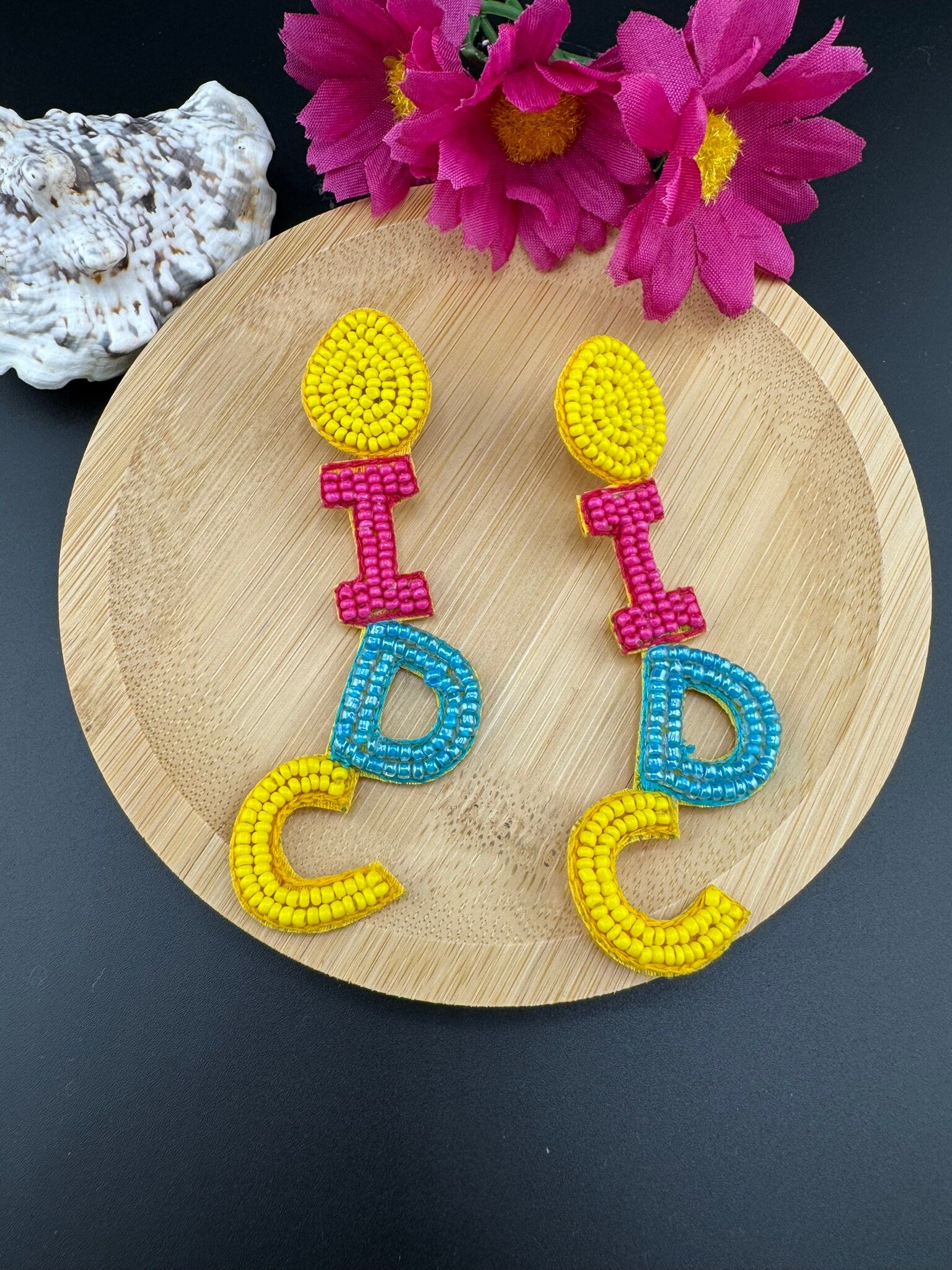 Beaded Pink Yellow and Blue I DONT CARE quirky beaded earring/Handmade earrings