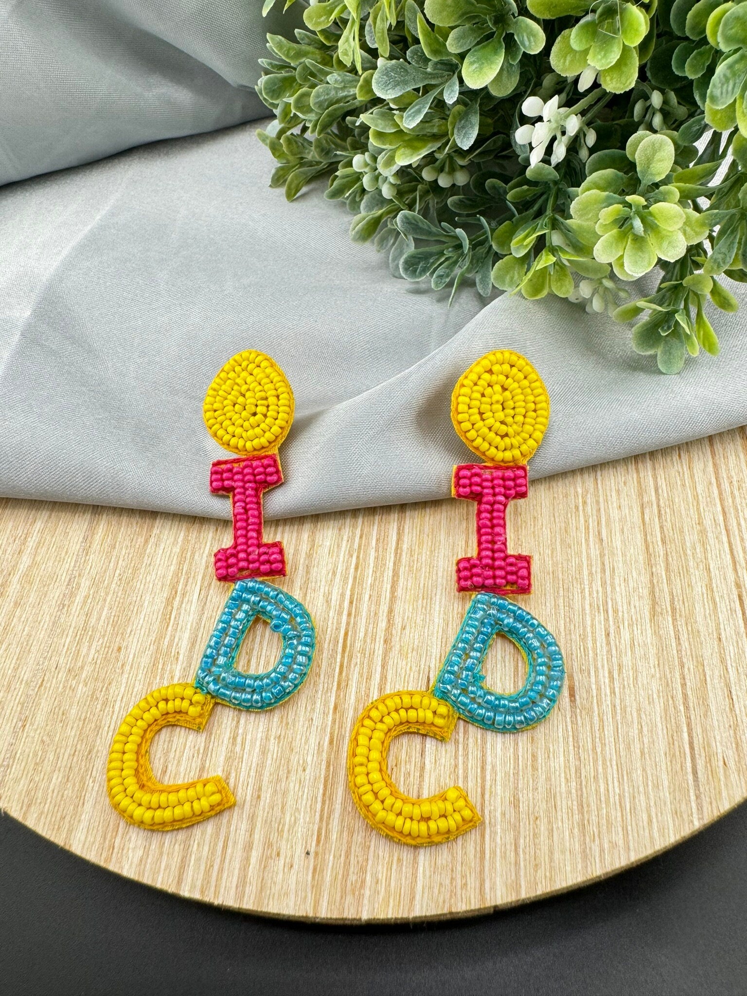 Beaded Pink Yellow and Blue I DONT CARE quirky beaded earring/Handmade earrings
