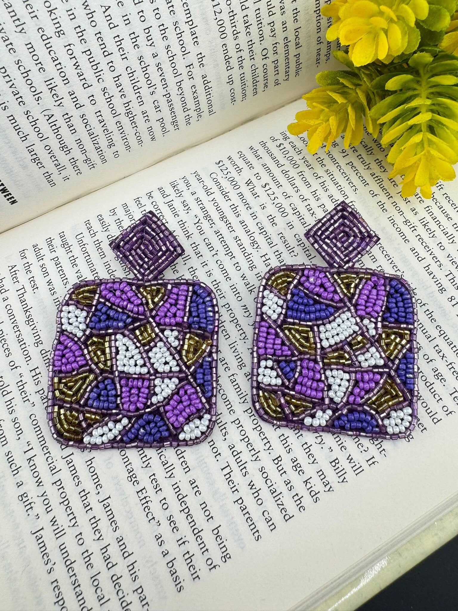 Beaded Purple and Lavender Square quirky beaded earring/Handmade earrings