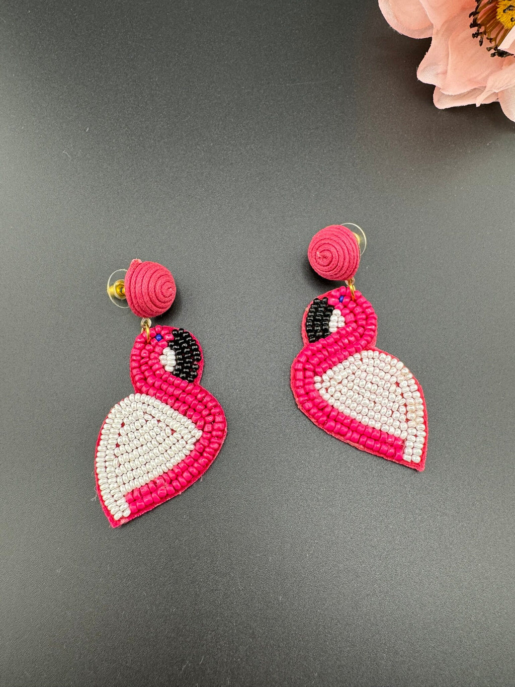 Beaded Pink and White Flamingo quirky beaded earring/Handmade earrings