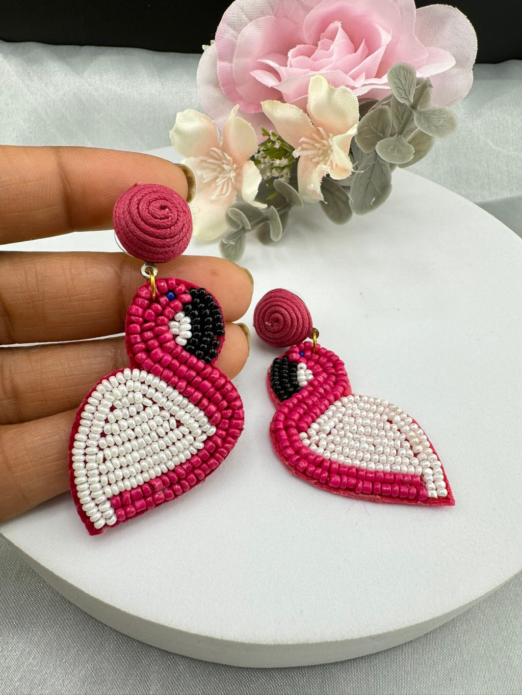 Beaded Pink and White Flamingo quirky beaded earring/Handmade earrings
