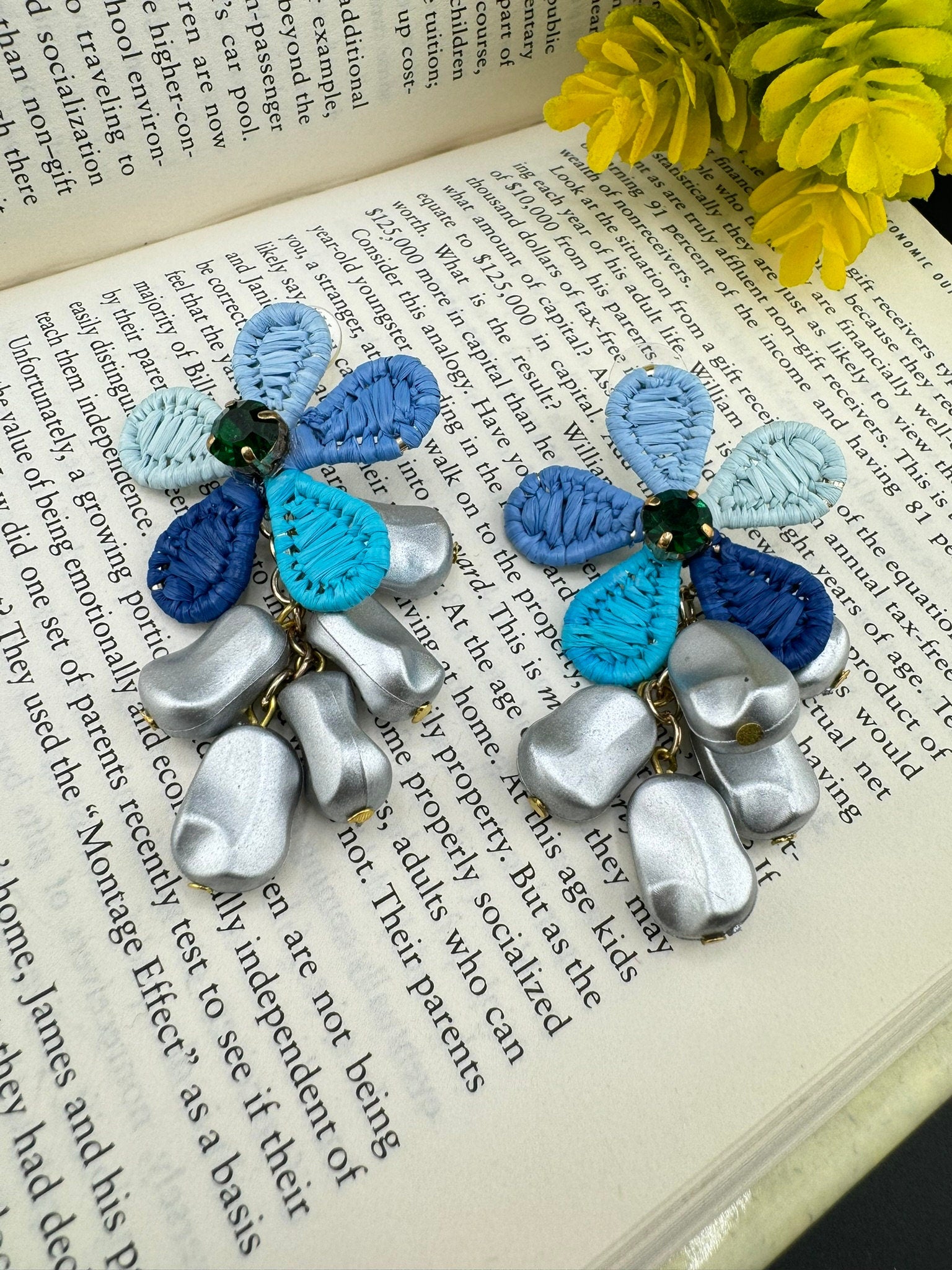 Threaded Blue Flower with Pearls dangle quirky earring/Handmade earrings