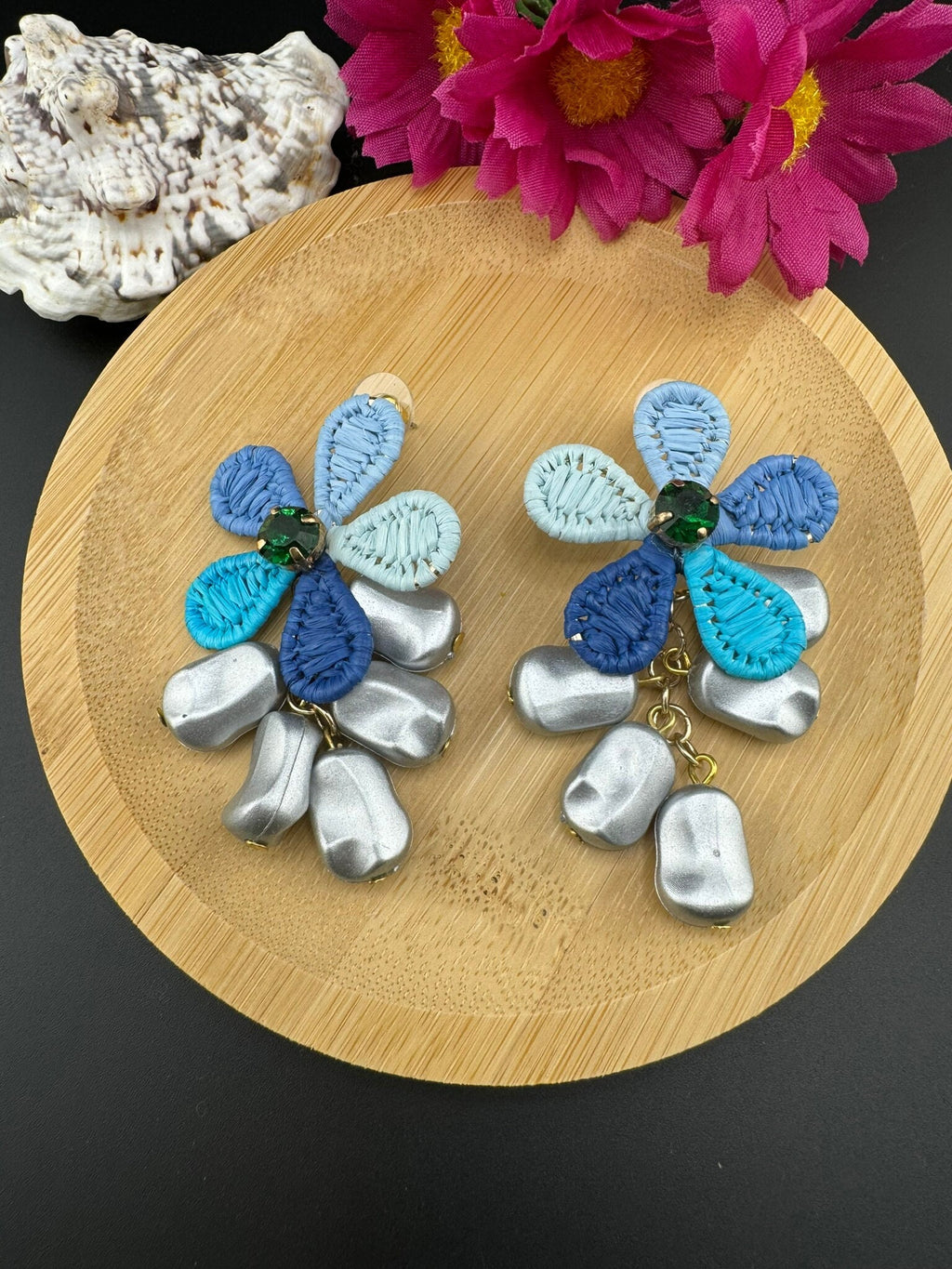 Threaded Blue Flower with Pearls dangle quirky earring/Handmade earrings