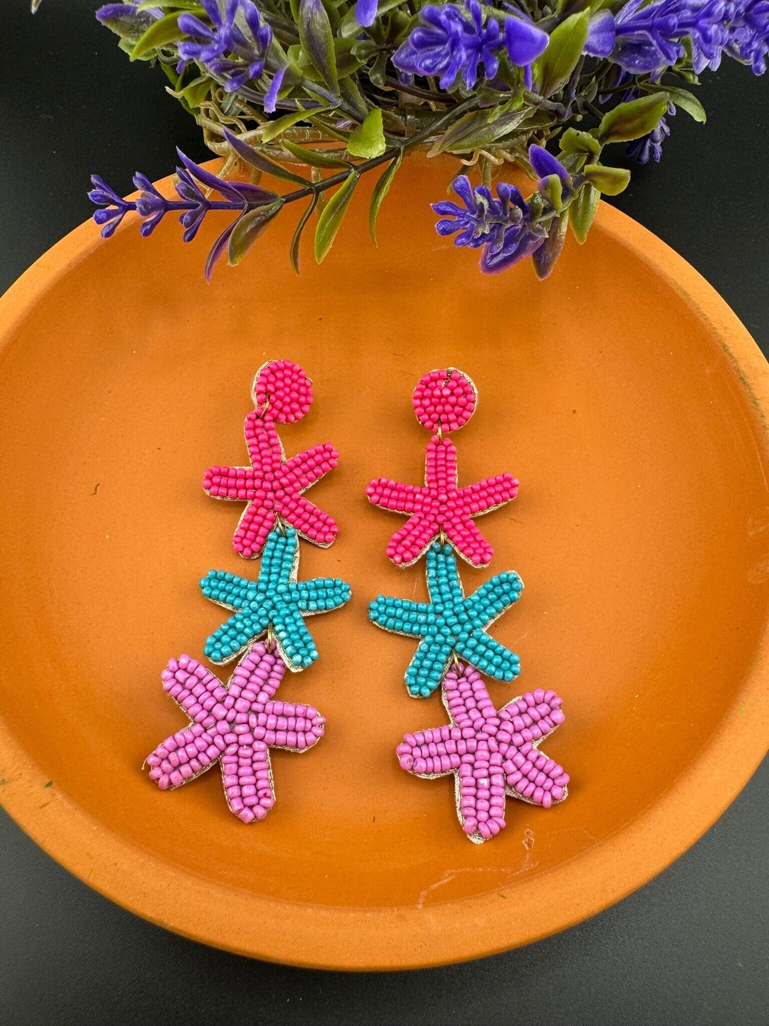 Beaded Multicolor long three star quirky earrings / Handmade earrings