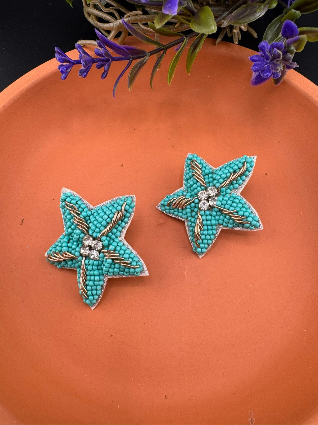 Beaded Turquoise star quirky Stud earrings / Handmade earrings