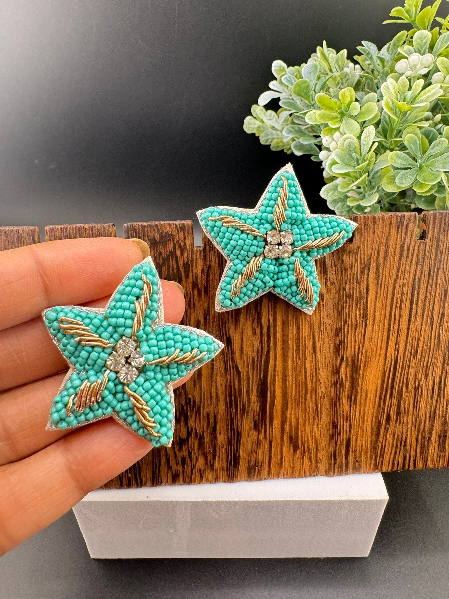 Beaded Turquoise star quirky Stud earrings / Handmade earrings