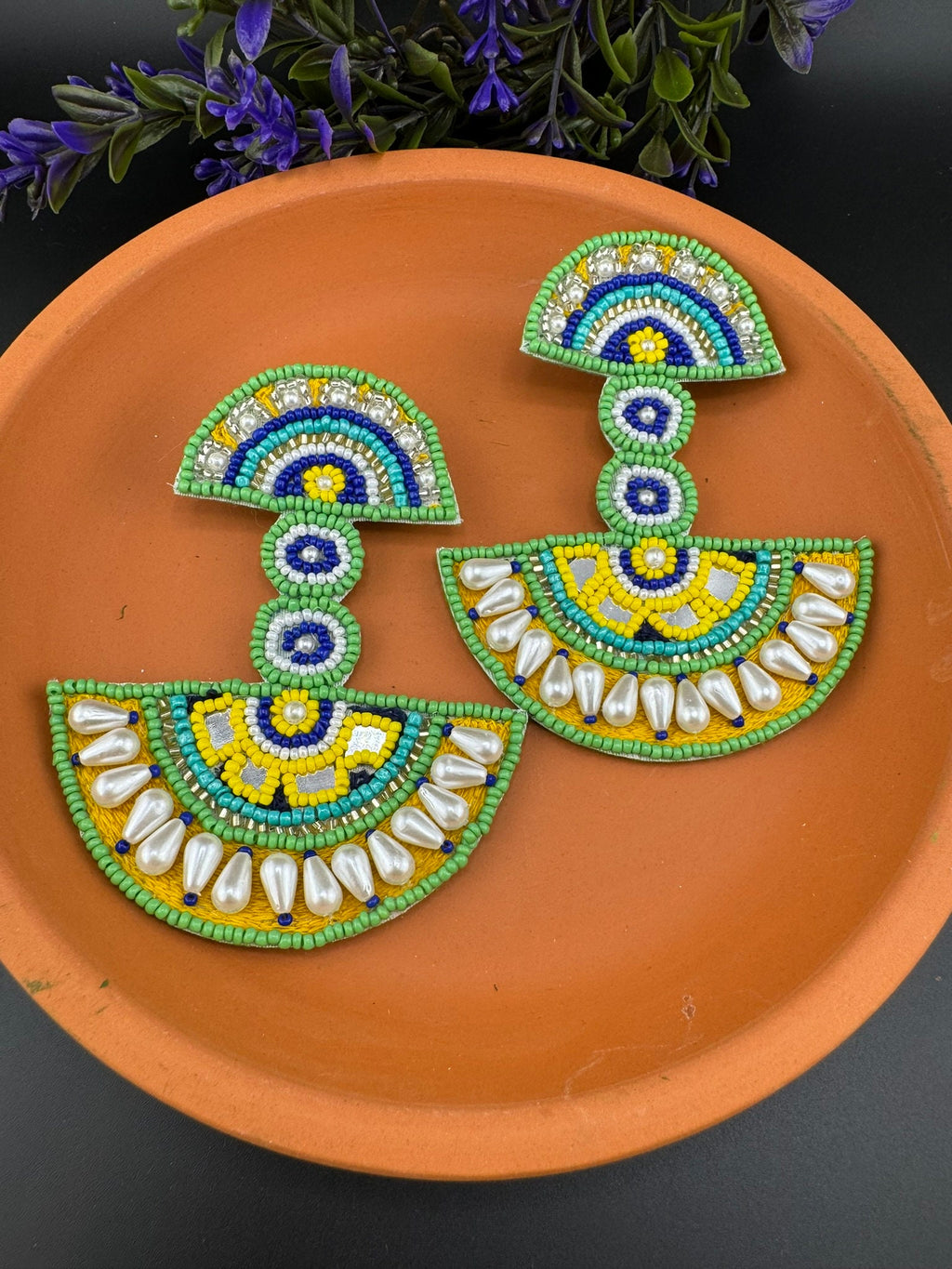 Beaded Oversized Long Quirky Green earring/Handmade Oversized earrings