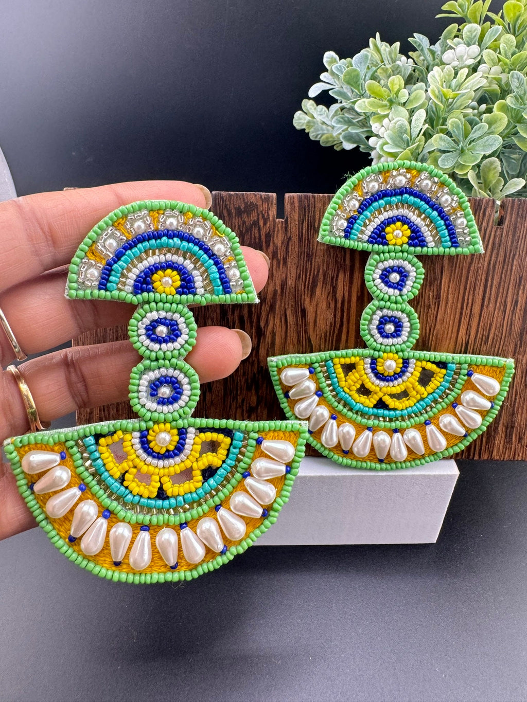 Beaded Oversized Long Quirky Green earring/Handmade Oversized earrings