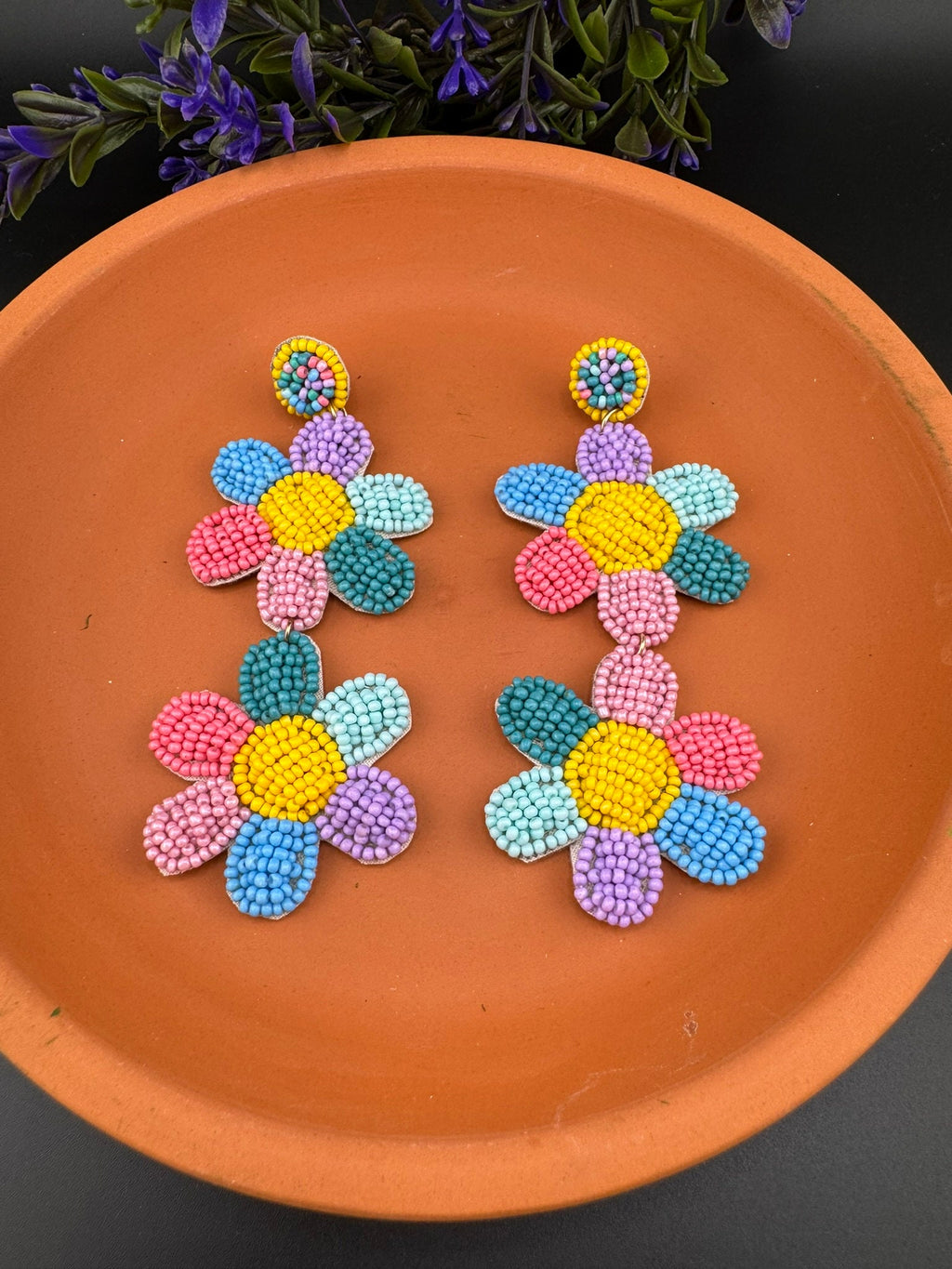 Beaded multicolor Long Quirky flower earrings / Handmade earrings