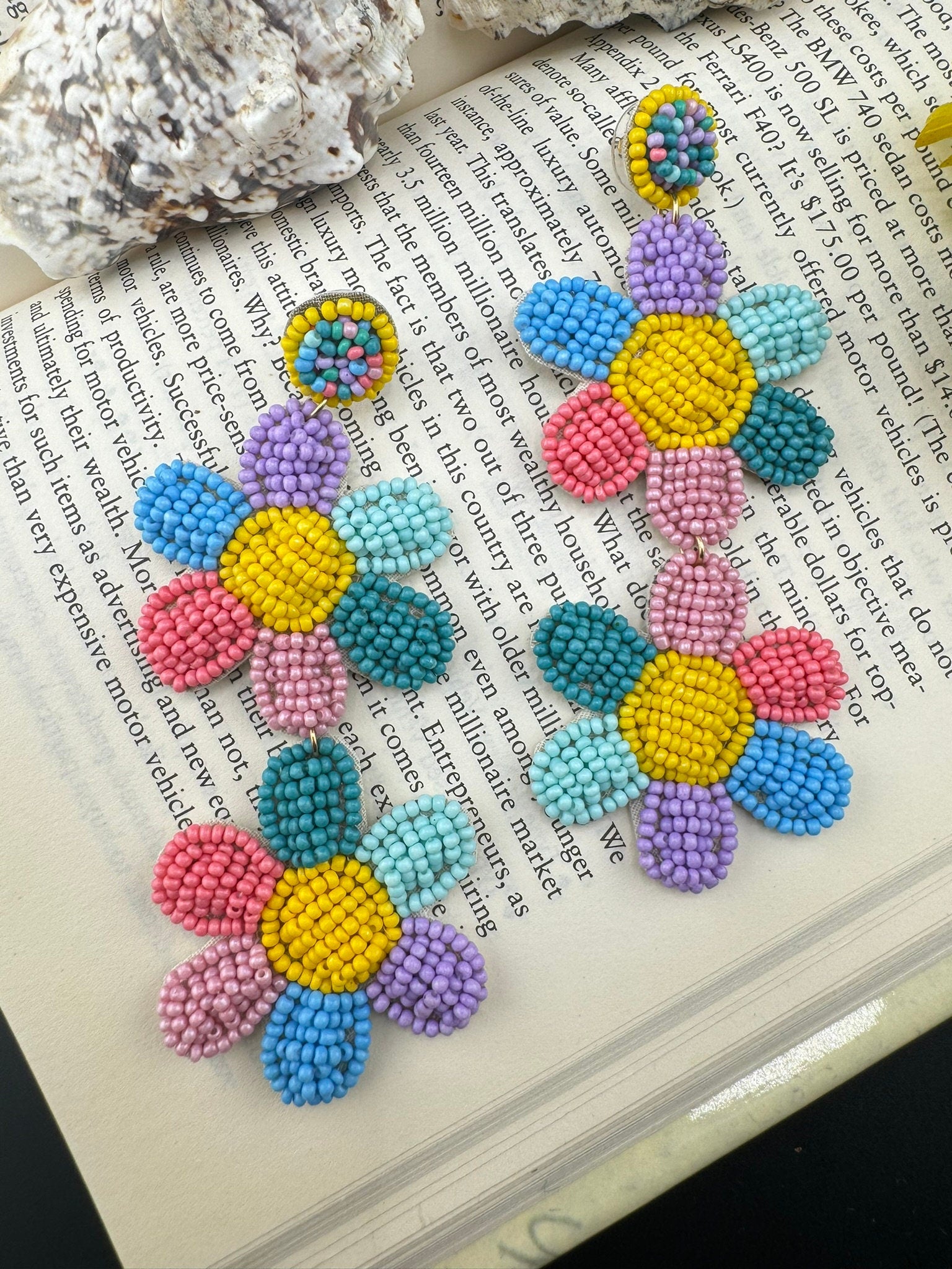 Beaded multicolor Long Quirky flower earrings / Handmade earrings