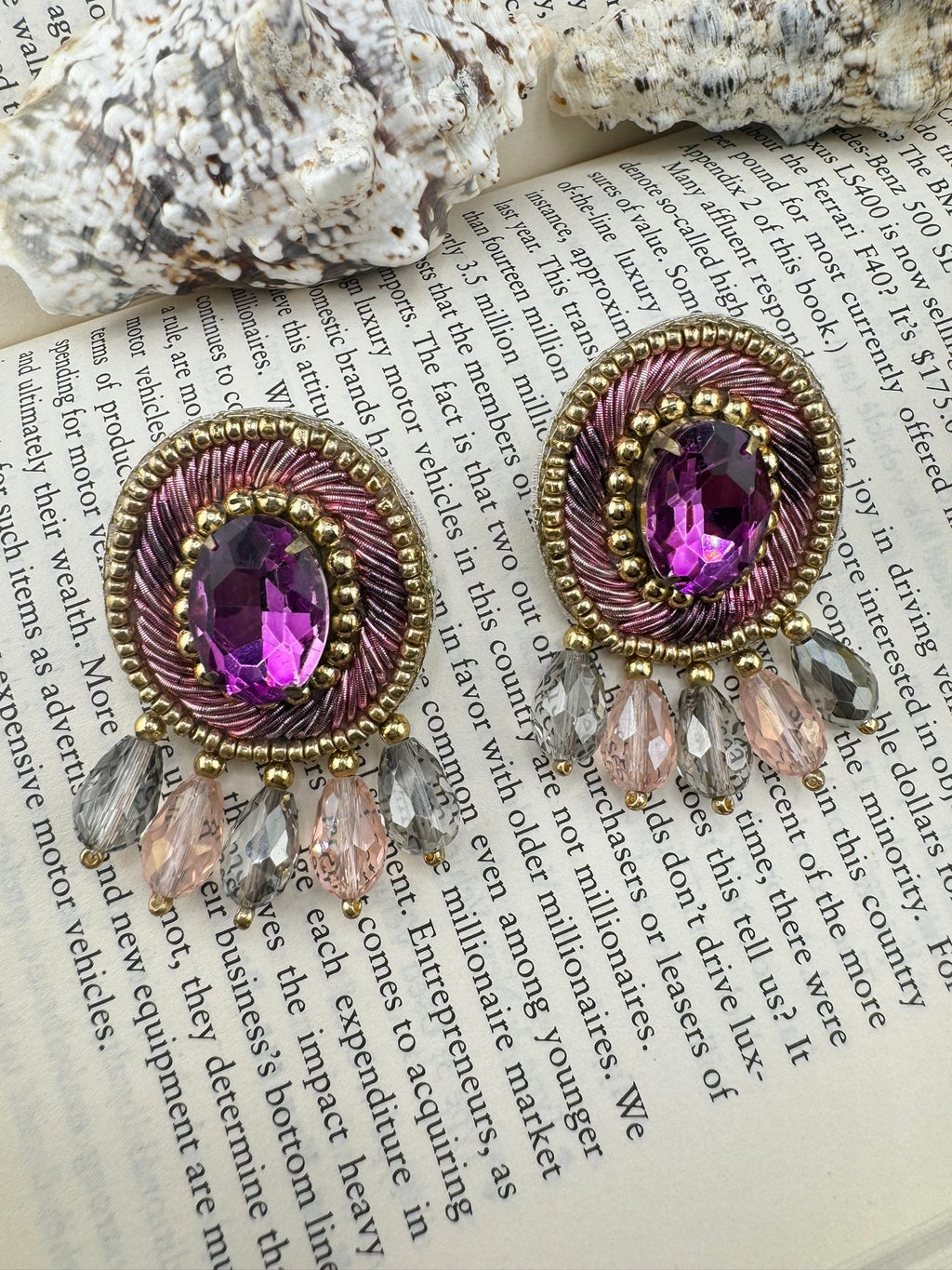 Beaded Crystal Purple Oval Big Studs Quirky earring/Handmade earrings