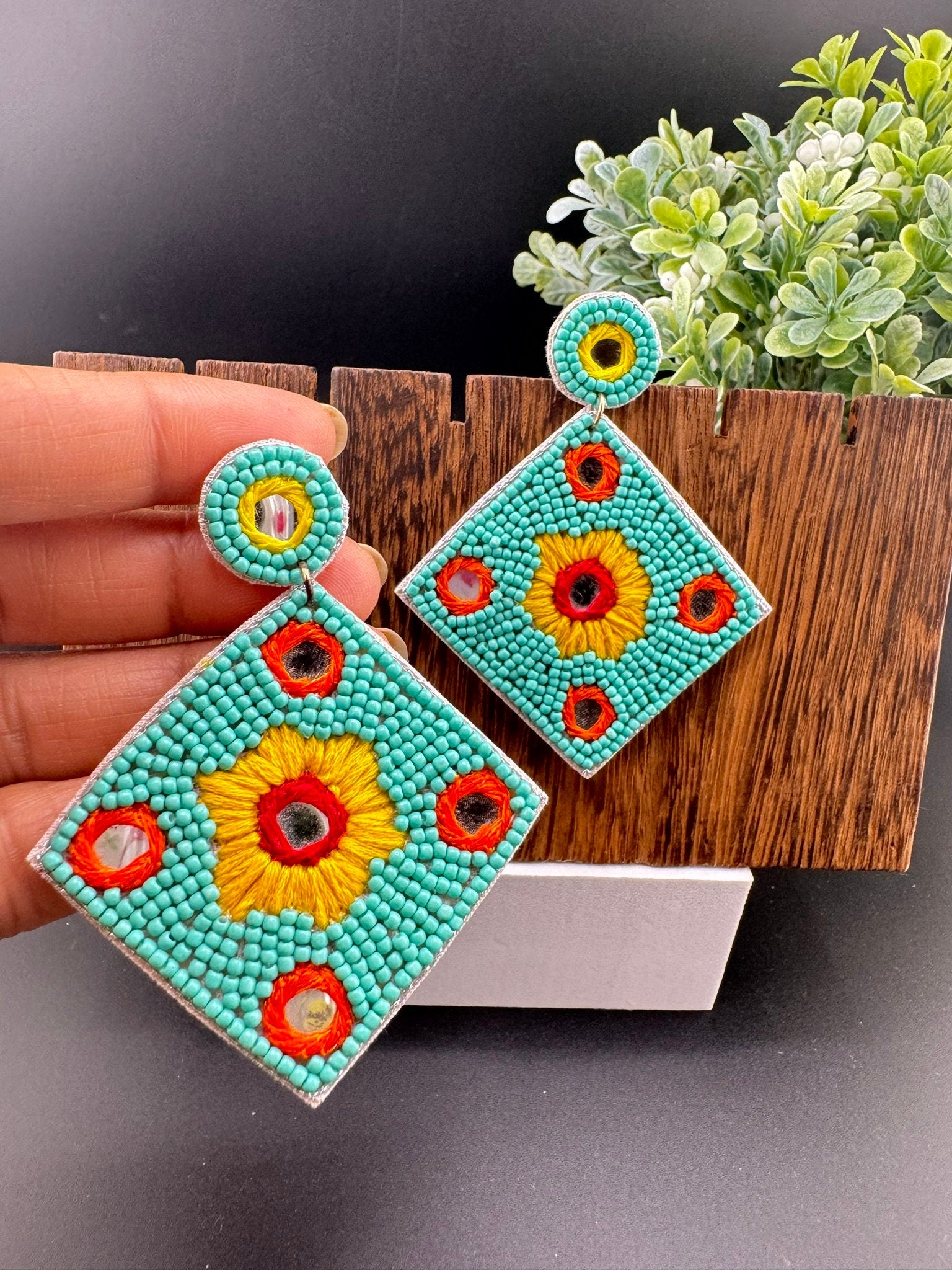 Beaded Teal/Turquoise Mirror Quirky Beaded earrings/Handmade earrings