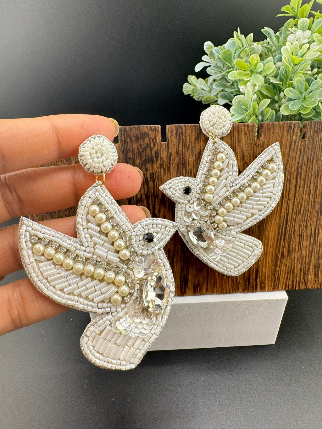 Beaded White Dove pigeon Quirky Unique earrings