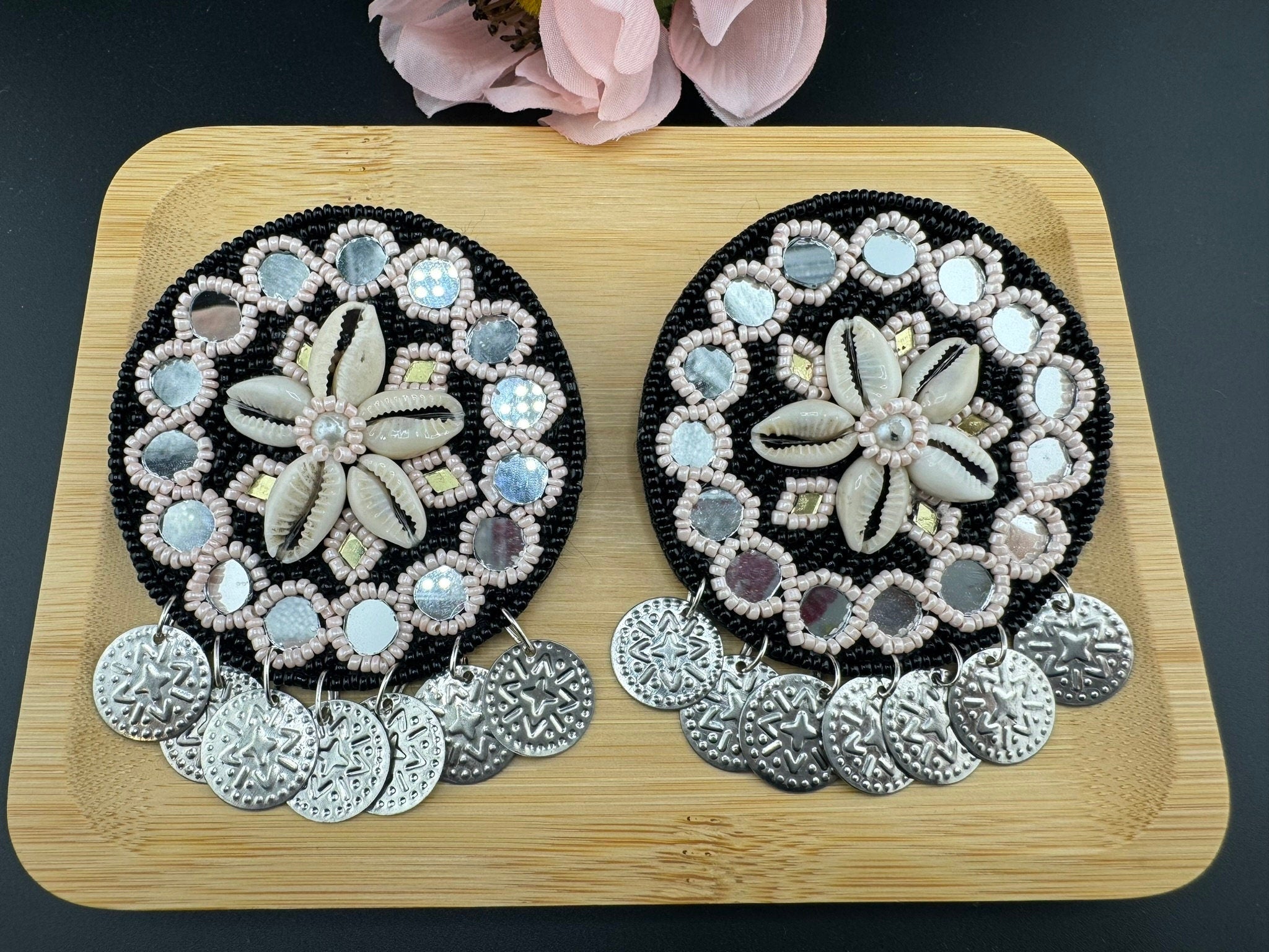 Black Beaded Mirror and Shell Oversized Stud earrings, cowrie/cowri Jewelry