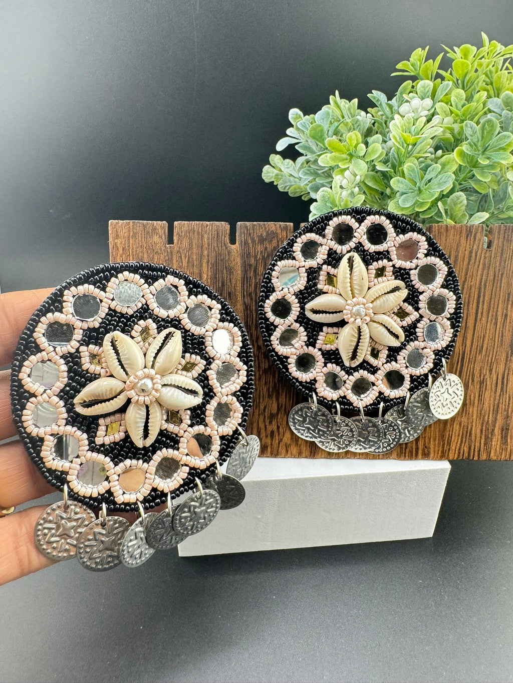 Black Beaded Mirror and Shell Oversized Stud earrings, cowrie/cowri Jewelry
