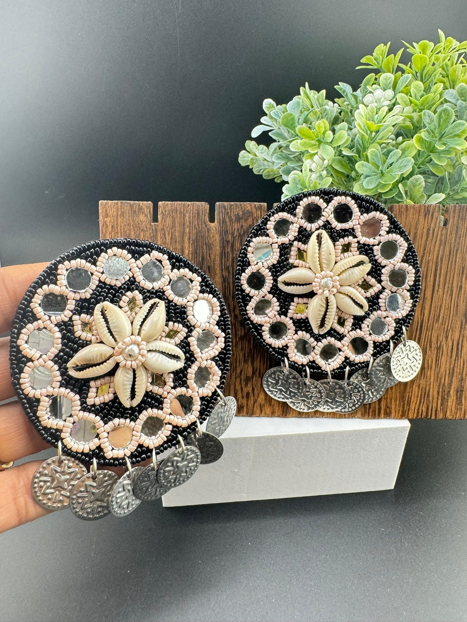Black Beaded Mirror and Shell Oversized Stud earrings, cowrie/cowri Jewelry