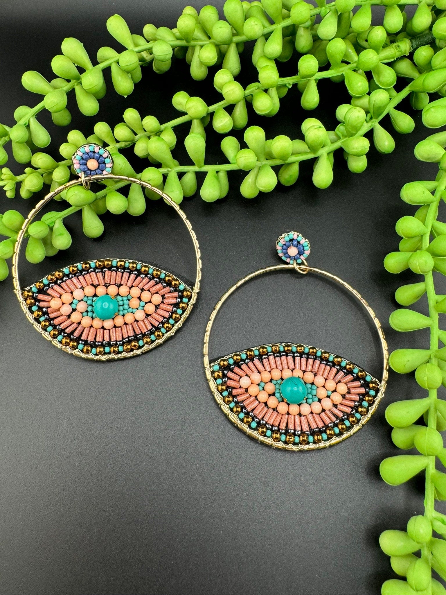 Beaded Metal Evil Eye Big hoop Quirky earring/Handmade earring/Statement Earring/Boho/Beaded earring/Ethnic Earring/Light weight/bridesmaid