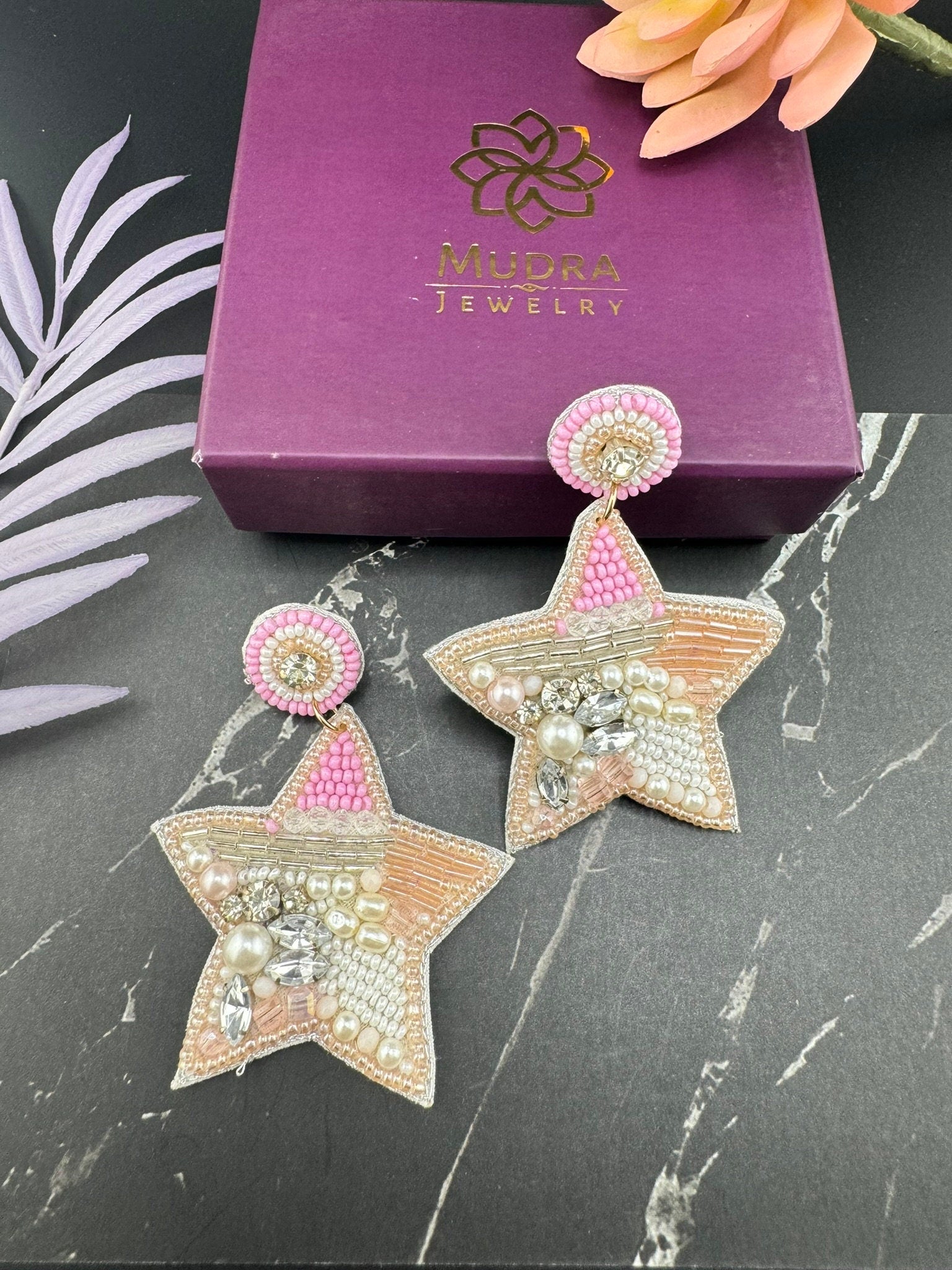 Beaded Baby Pink Glitter Star Quirky earring/Handmade earring/Statement Earring/Boho/Beaded earring/Ethnic Earring/Light weight/bridesmaid