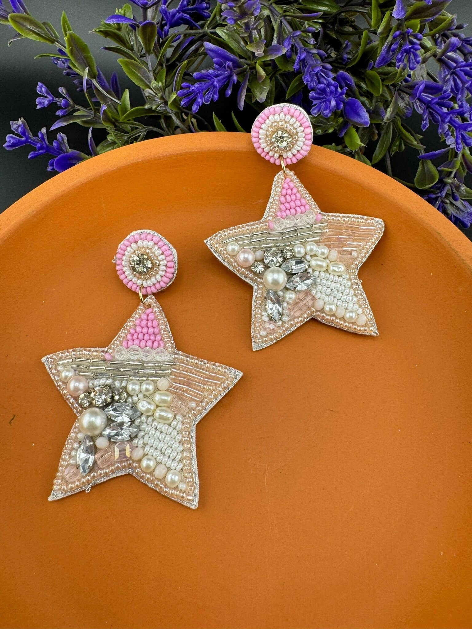 Beaded Baby Pink Glitter Star Quirky earring/Handmade earring/Statement Earring/Boho/Beaded earring/Ethnic Earring/Light weight/bridesmaid