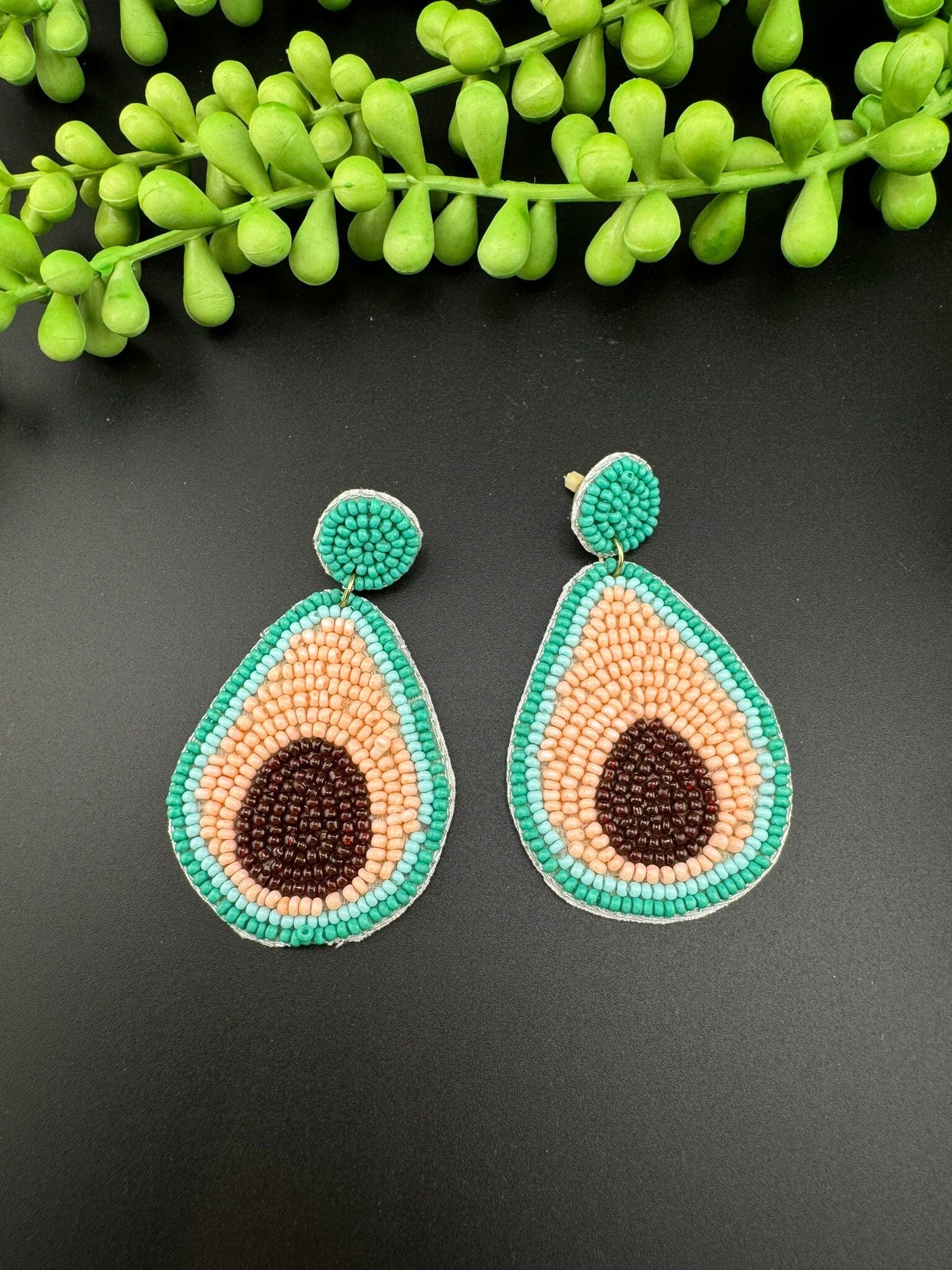 Pastel Pink Blue Avocado Beaded earrings, Quirky Earrings