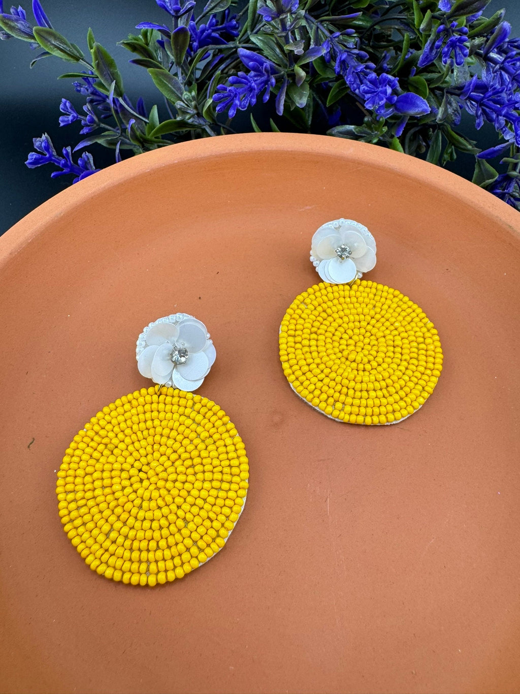 Yellow and white circle Quirky Beaded earrings