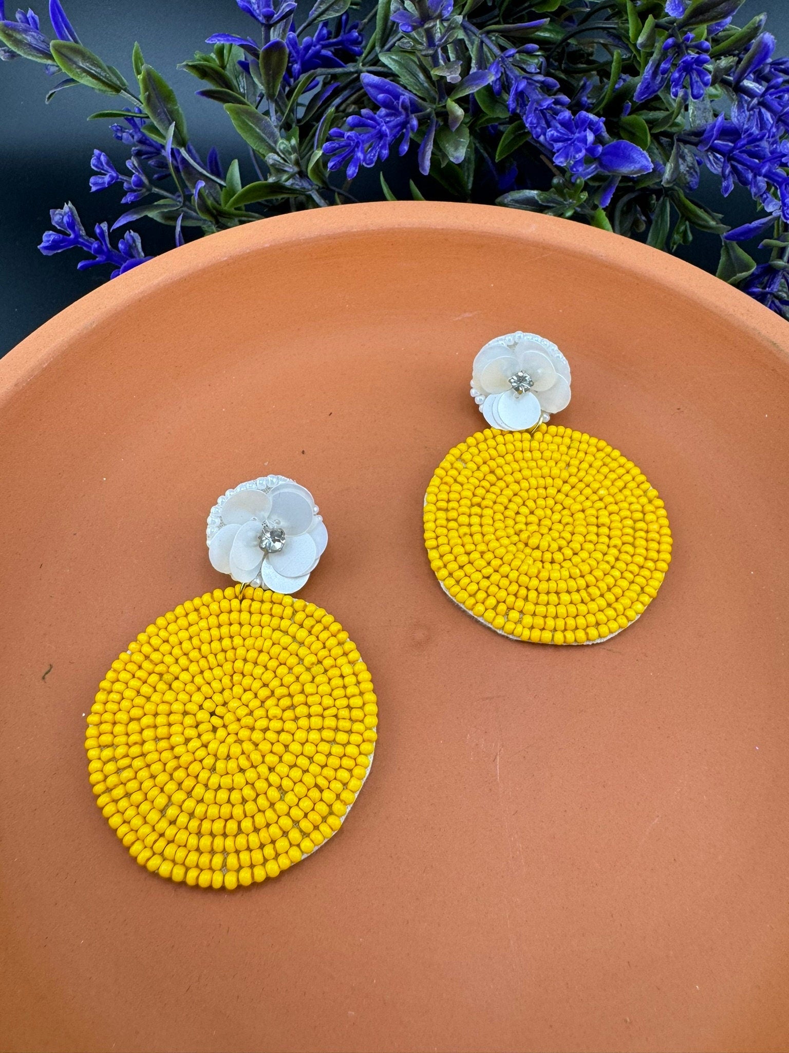 Beaded Yellow and white circle Quirky earring/Handmade earring/Statement Earring/Boho/Beaded earring/Ethnic Earring/Light weight/bridesmaid