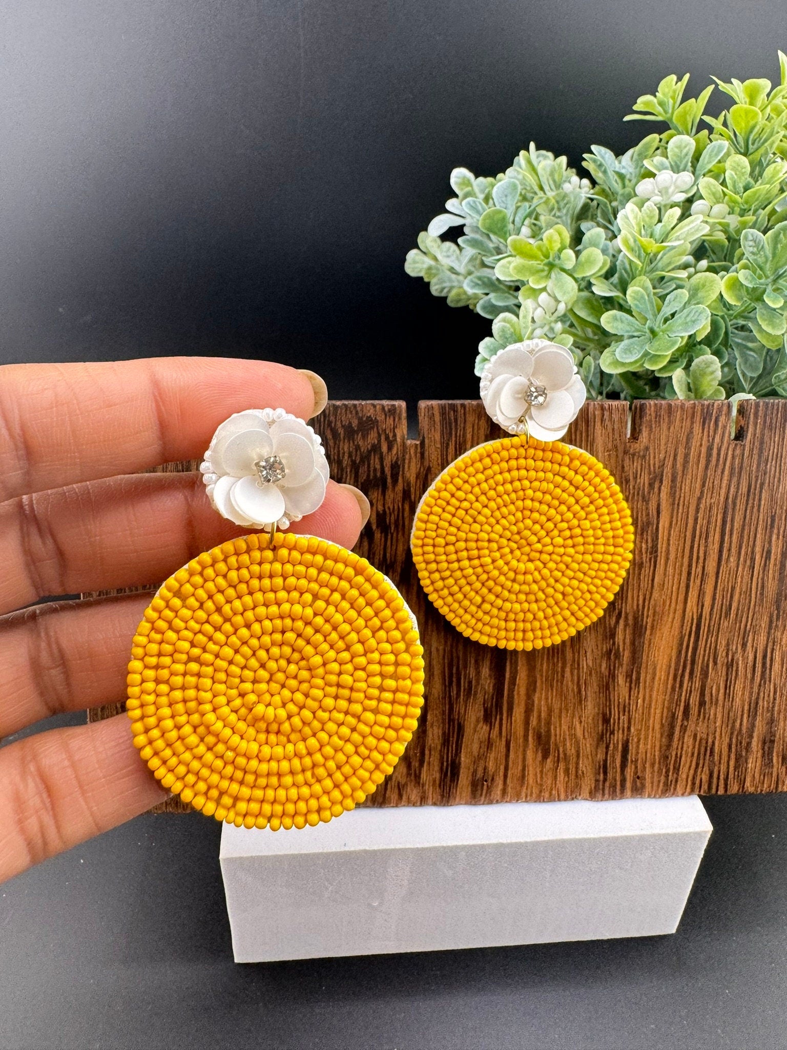 Beaded Yellow and white circle Quirky earring/Handmade earring/Statement Earring/Boho/Beaded earring/Ethnic Earring/Light weight/bridesmaid