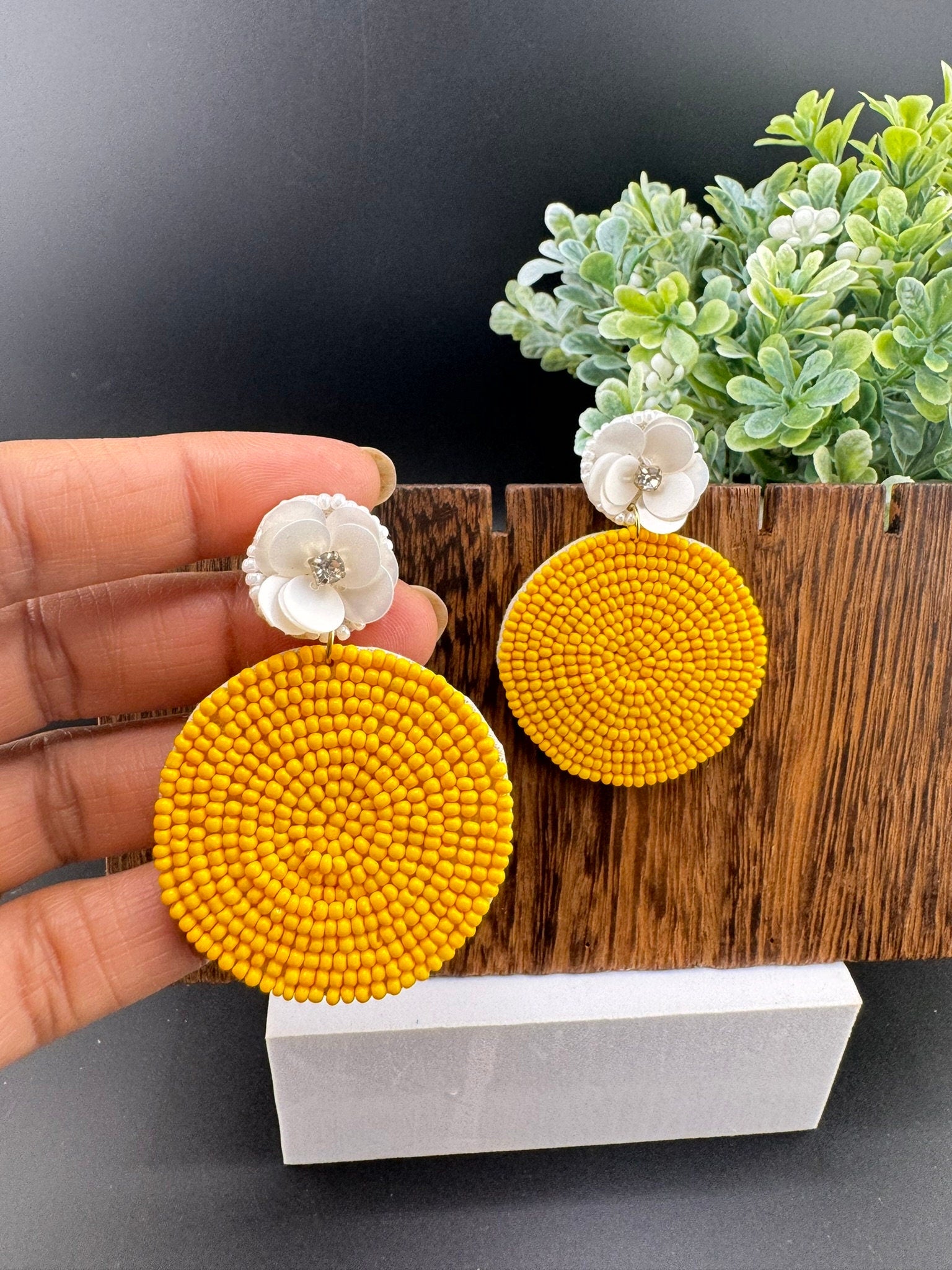 Yellow and white circle Quirky Beaded earrings
