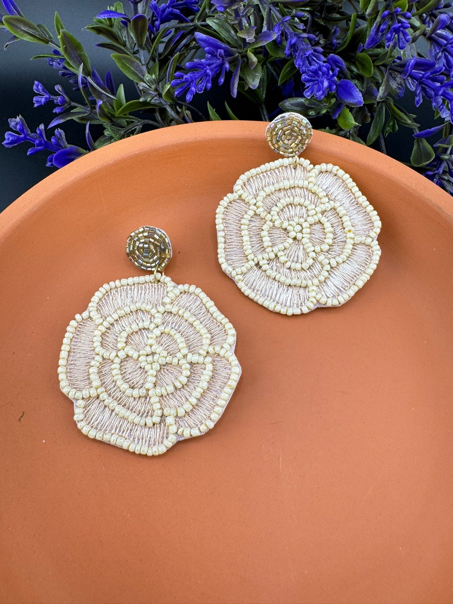 Beaded Gold and Beige Rose Quirky earring/Handmade earring/Statement Earring/Boho/Beaded earring/Ethnic Earring/Light weight/bridesmaid