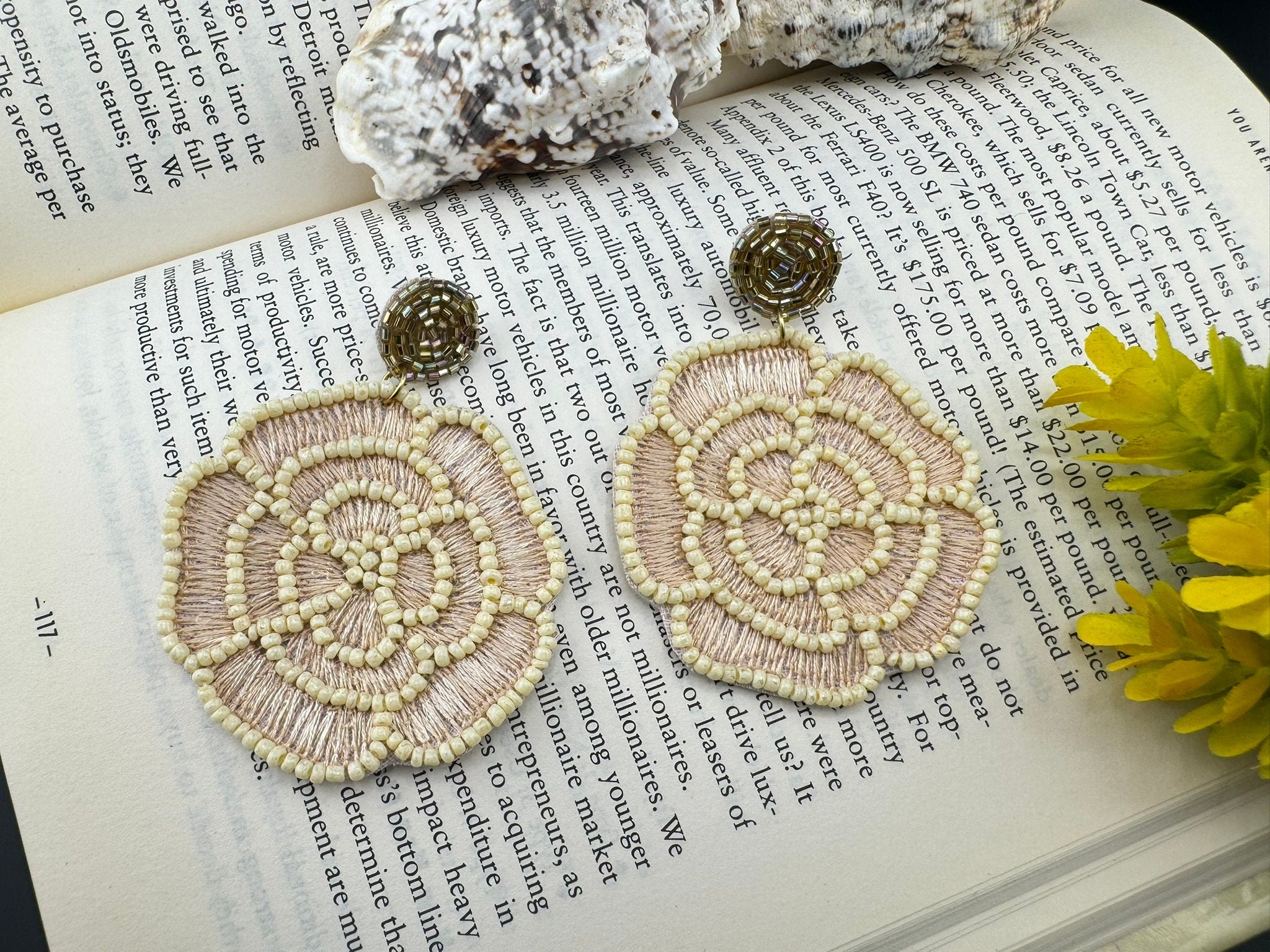Gold and Beige Rose Beaded earrings, Quirky Earrings