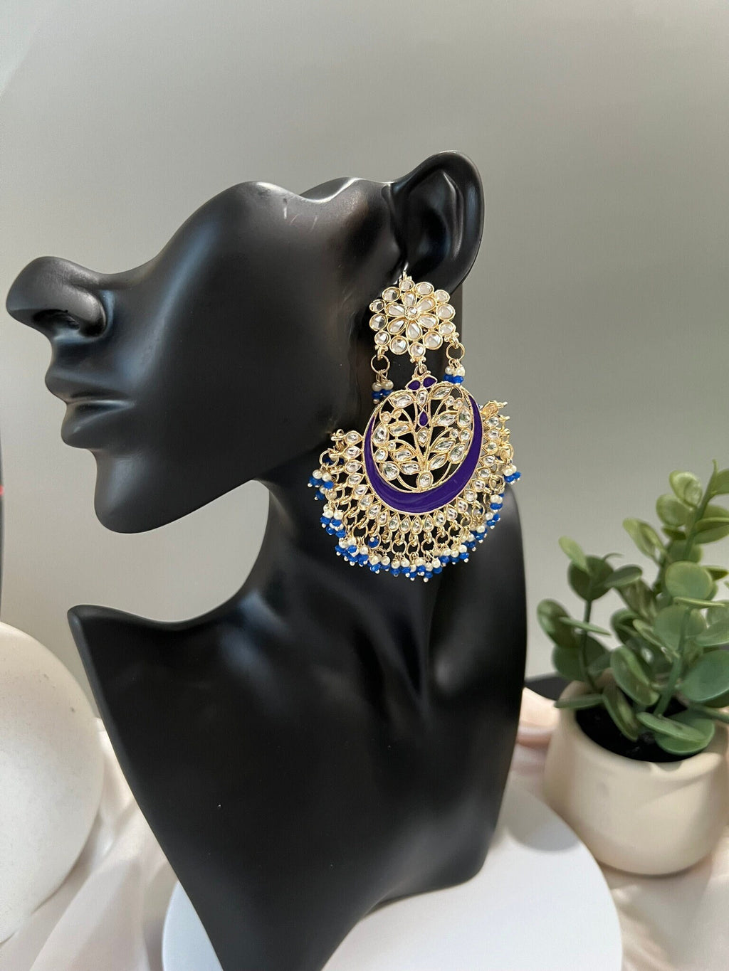 Purple and Gold Punjabi Chandbali with Minakari, kundan and pearls