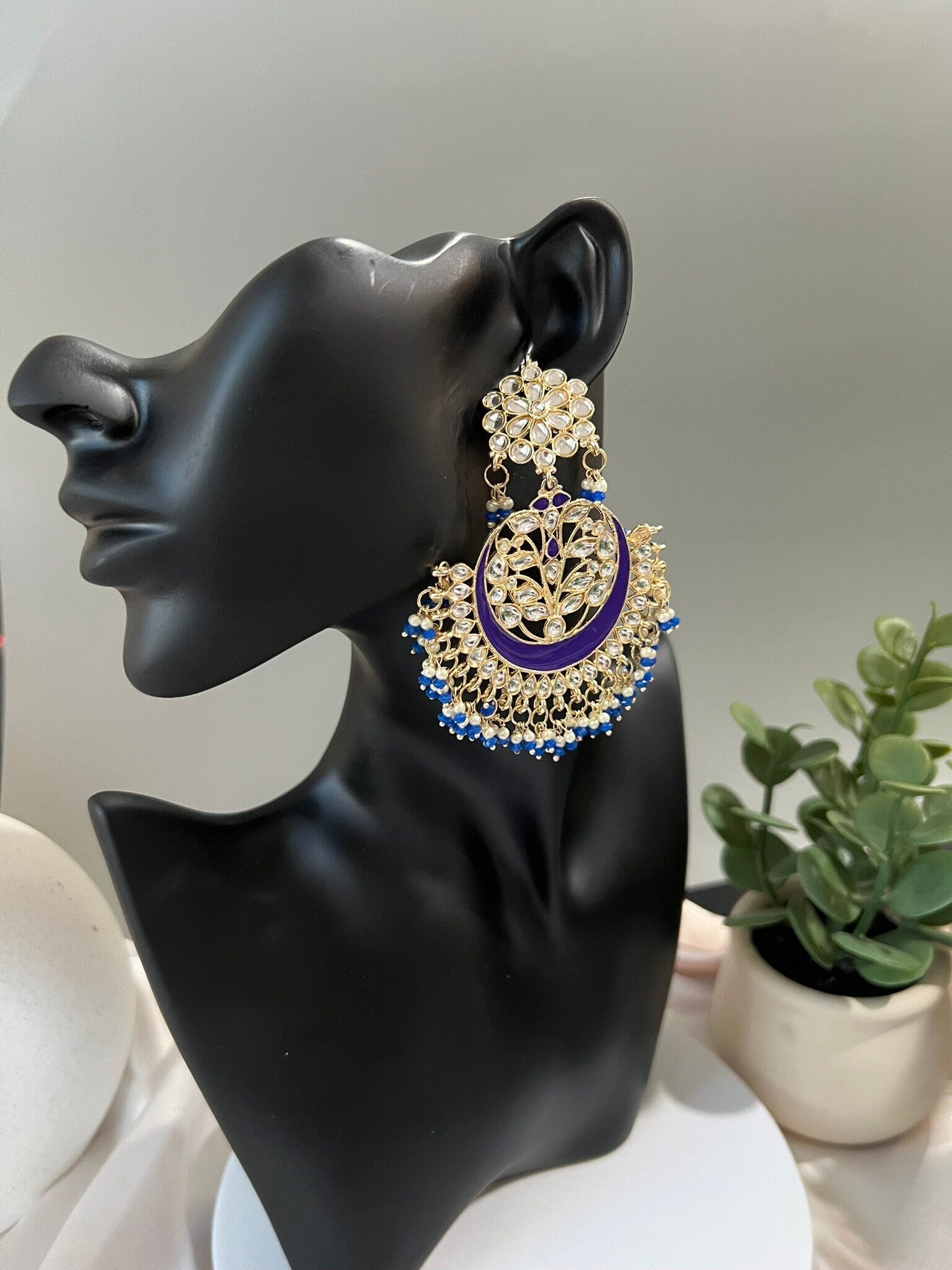 Purple and Gold Punjabi Chandbali with Minakari, kundan and pearls